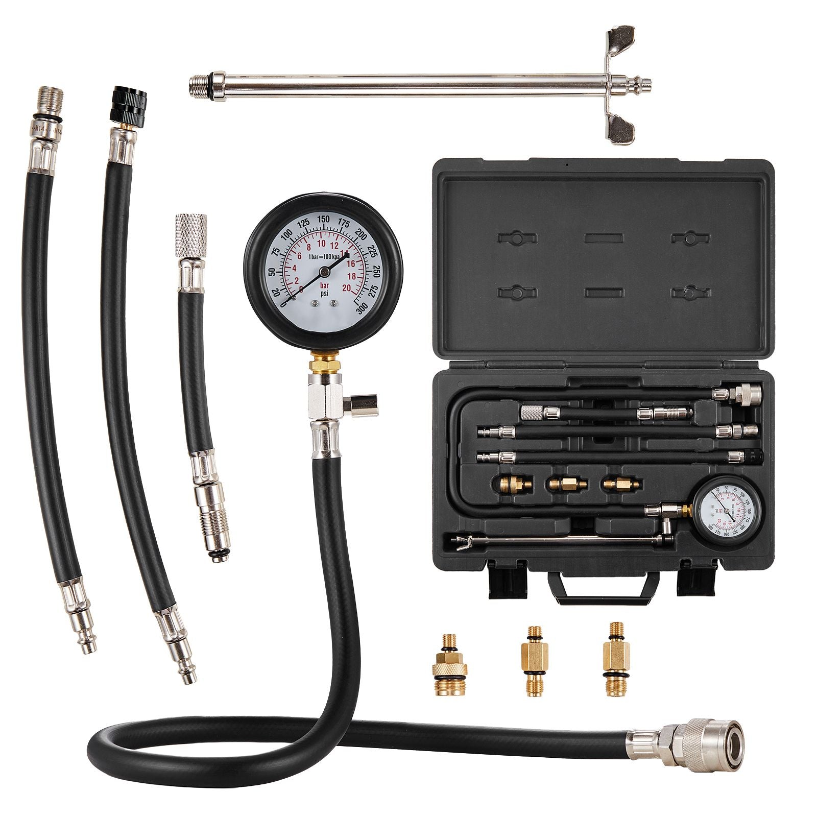 9pc Engine Compression Tester Kit 300 PSI Cylinder Pressure Gauge Adapter Set