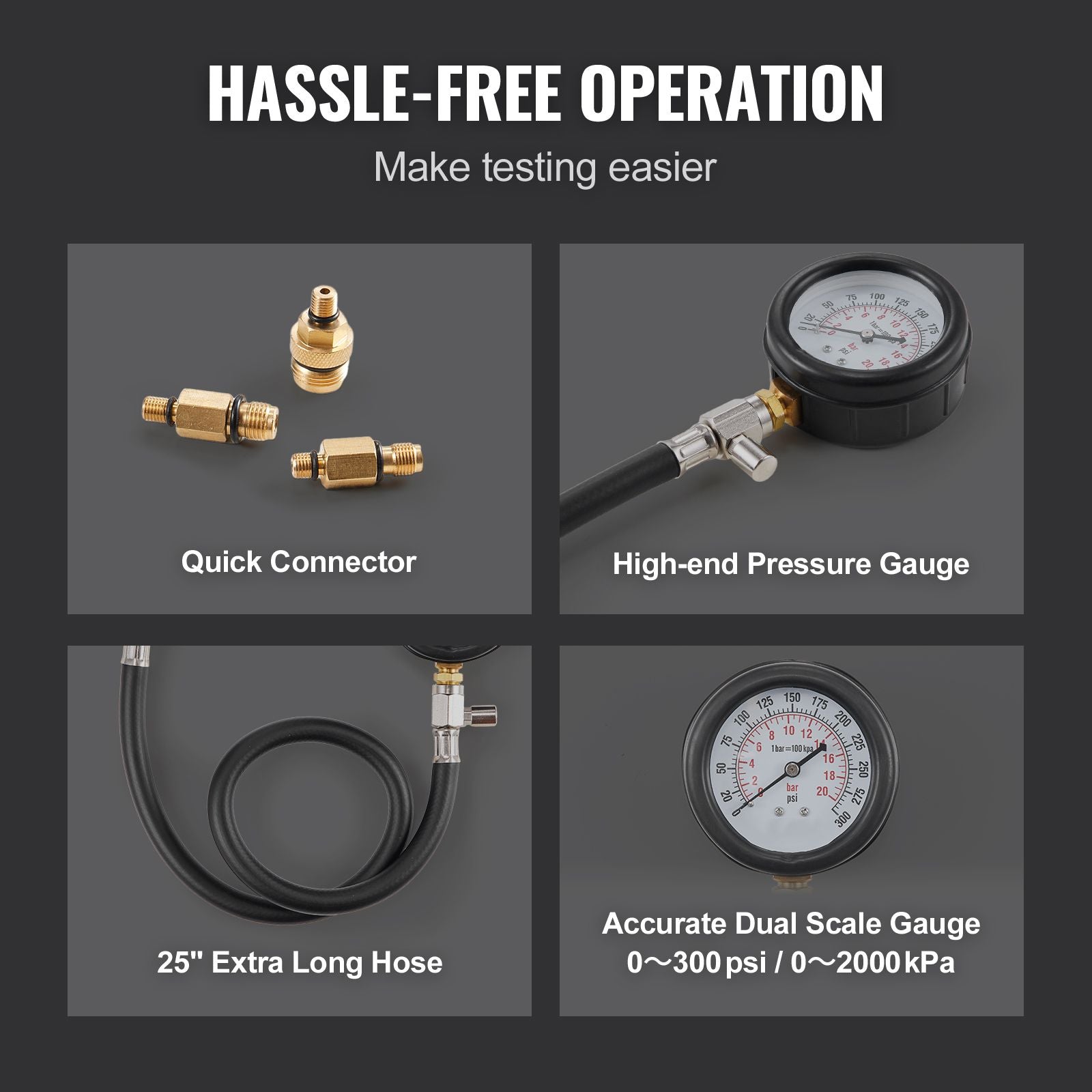9pc Engine Compression Tester Kit 300 PSI Cylinder Pressure Gauge Adapter Set