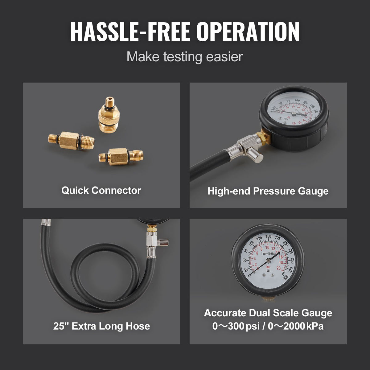 9pc Engine Compression Tester Kit 300 PSI Cylinder Pressure Gauge Adapter Set