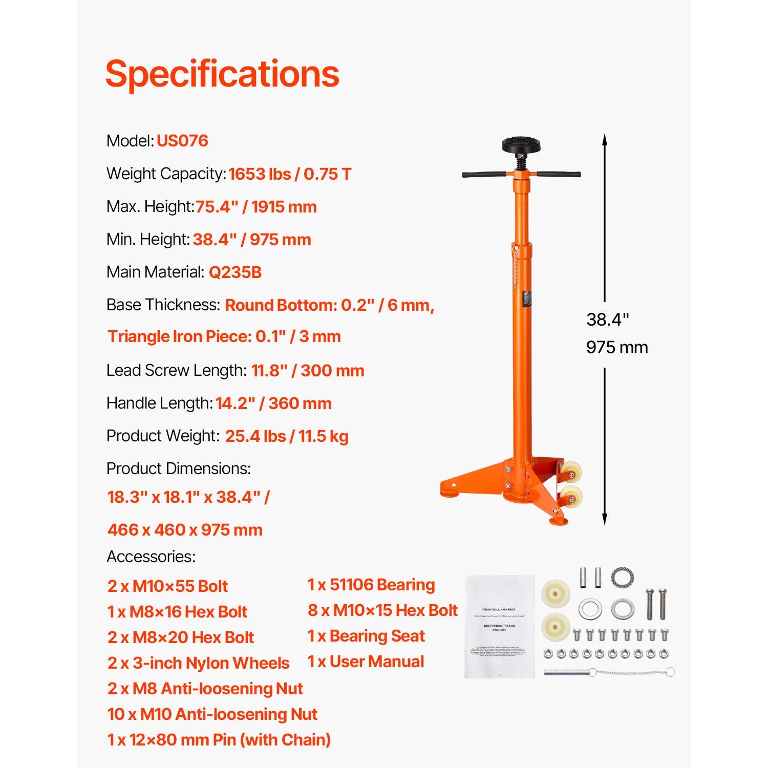 3/4 Ton Underhoist Support Stand 1653lbs Vehicle Jack Stand Adjustable Height