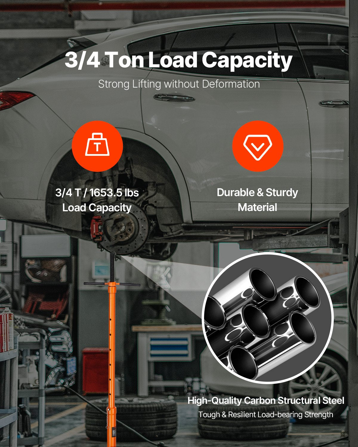 Underhoist Support Stand, 3/4 Ton Capacity Under Hoist Jack Stand, Lifting from 38.4 to 75.4 in, Bearing Mounted Spin Handle, Self-Locking Threaded Screw, Two Wheels, Support Vehicle Components