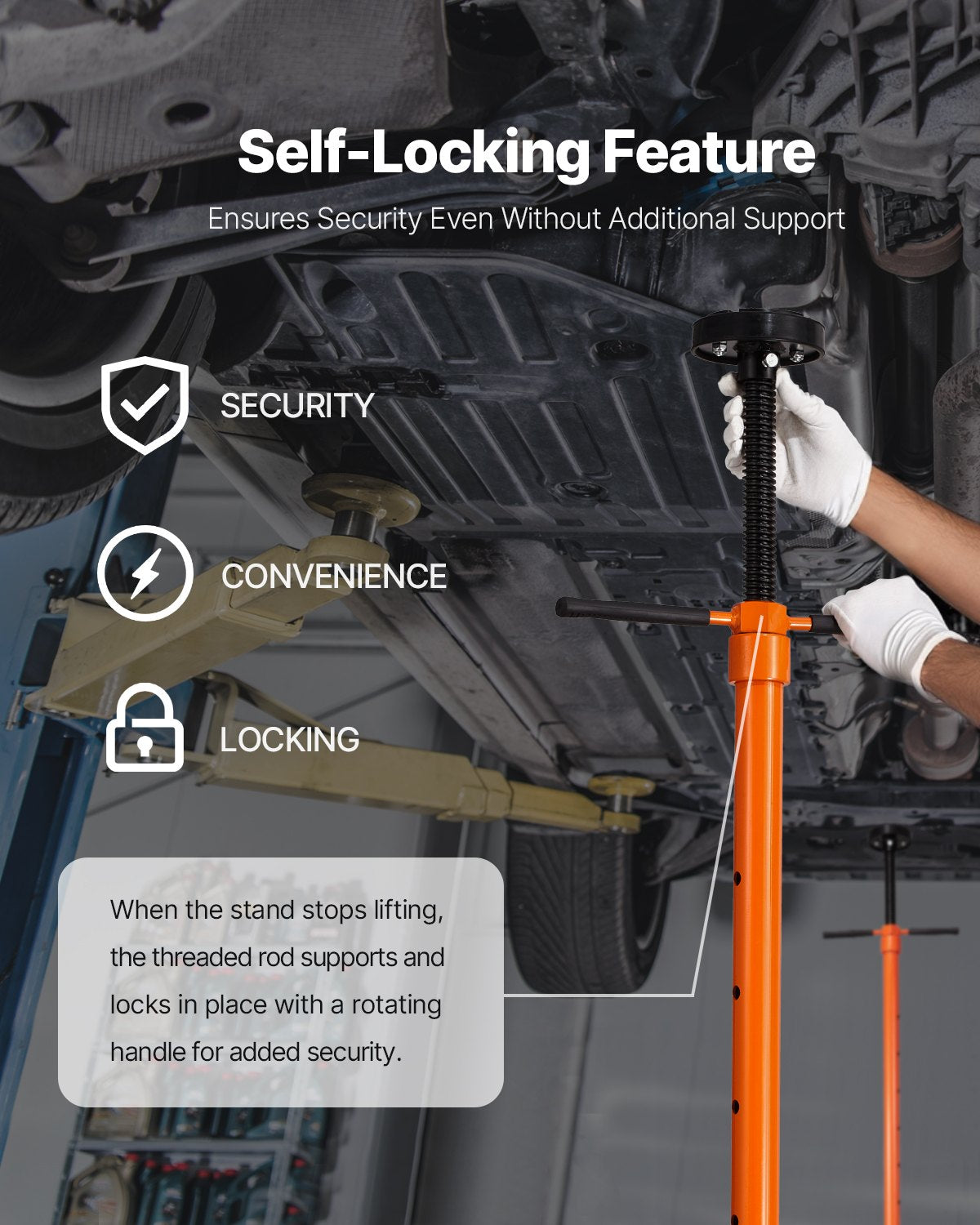 Underhoist Support Stand, 3/4 Ton Capacity Under Hoist Jack Stand, Lifting from 38.4 to 75.4 in, Bearing Mounted Spin Handle, Self-Locking Threaded Screw, Two Wheels, Support Vehicle Components