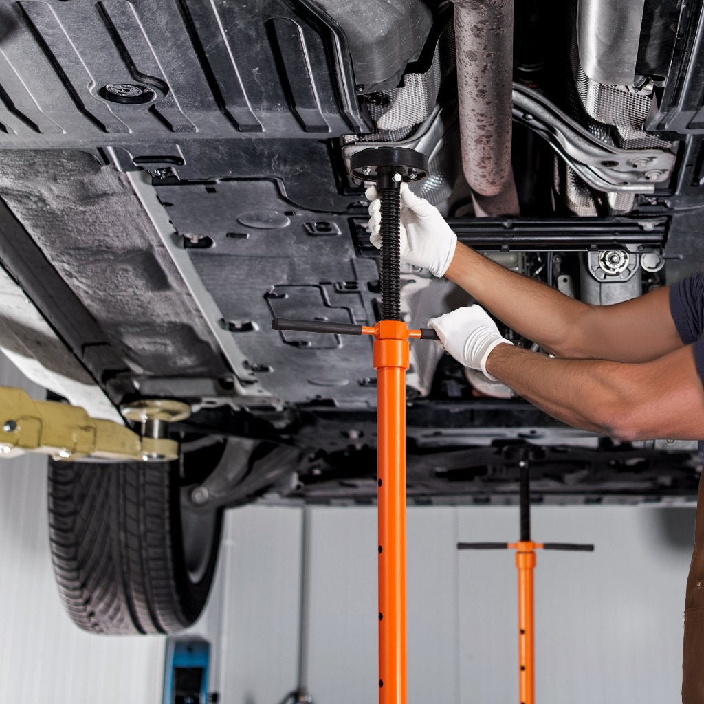 Underhoist Support Stand, 3/4 Ton Capacity Under Hoist Jack Stand, Lifting from 38.4 to 75.4 in, Bearing Mounted Spin Handle, Self-Locking Threaded Screw, Two Wheels, Support Vehicle Components