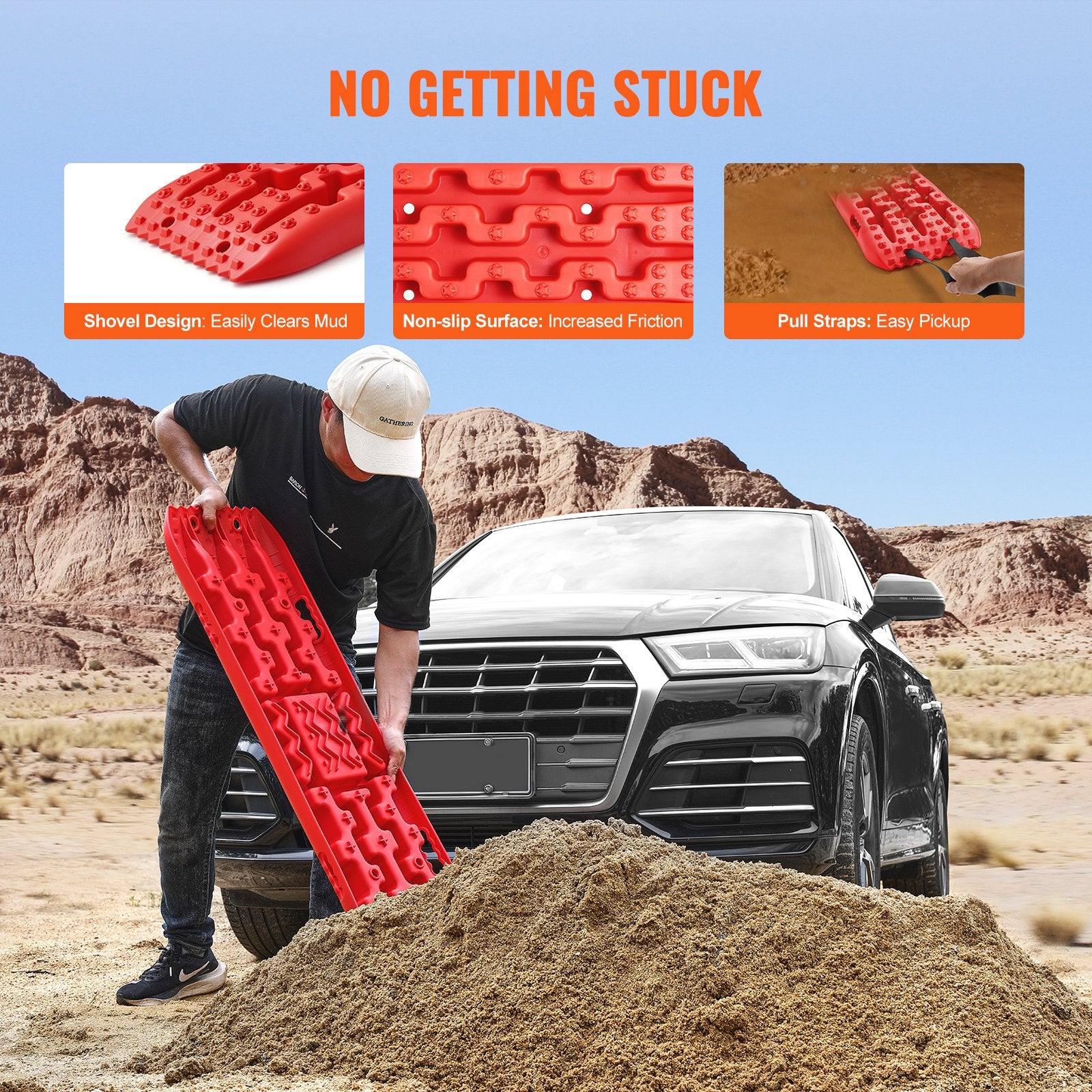 2PCS Traction Boards with PP for Mud Snow Sand Storage Bag Long Red