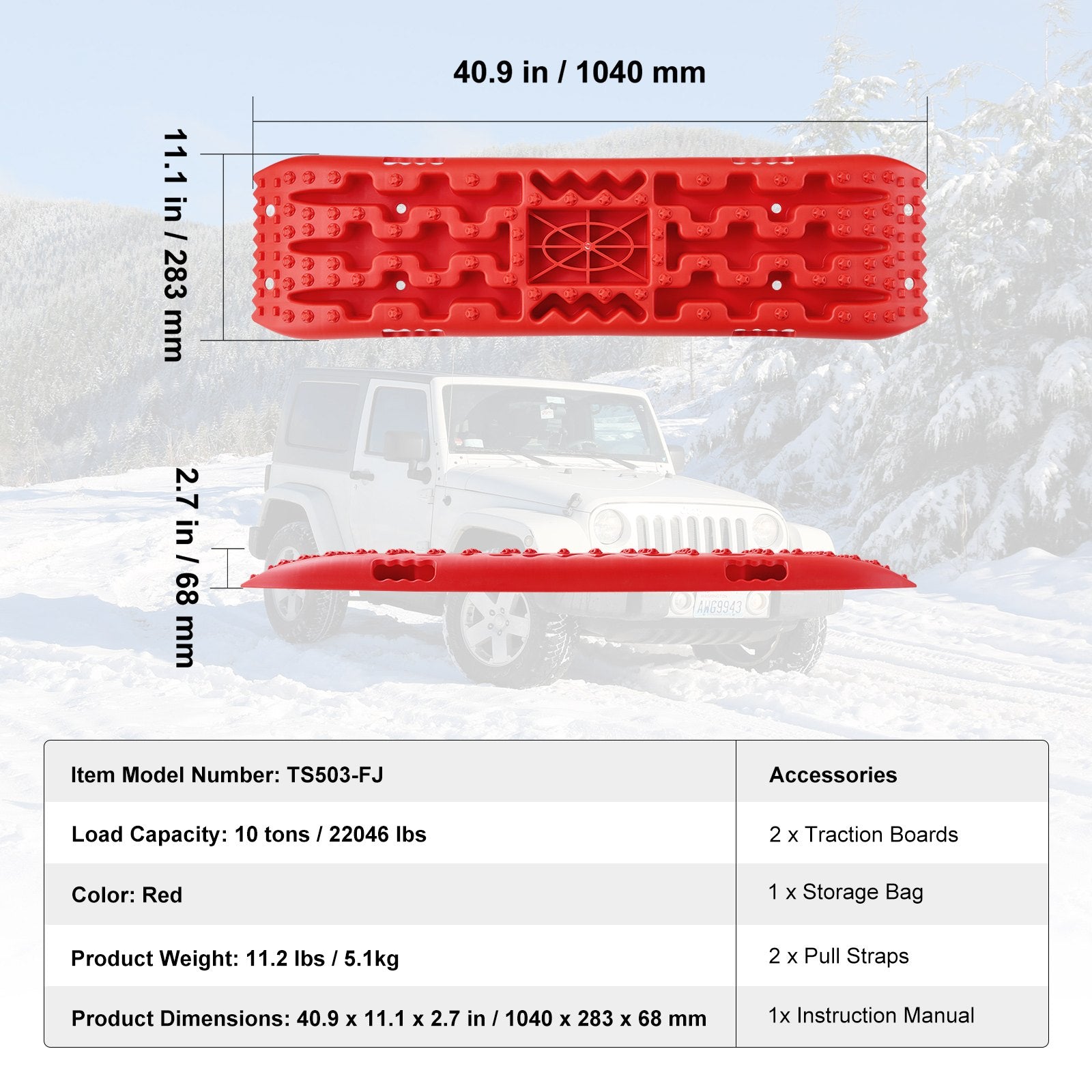 2PCS Traction Boards with PP for Mud Snow Sand Storage Bag Long Red