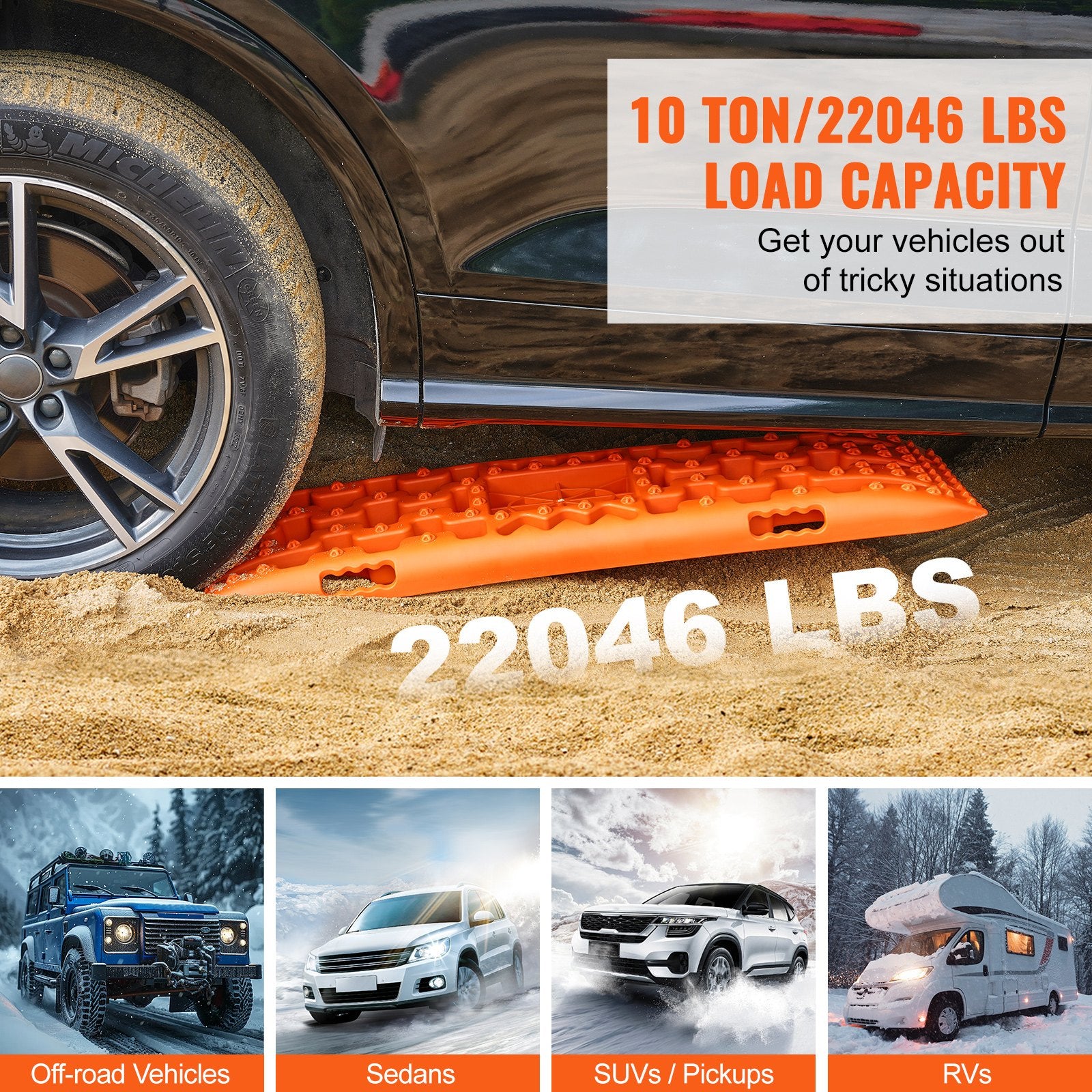 10 TON Traction Boards with PP Material, Recovery Boards for Off-road Vehicles/Cars/Pickups/SUVs/RVs, Pair Tire Traction Mats on Snow, Sand, Mud and Loose Terrain, Storage Bag, Long, Orange