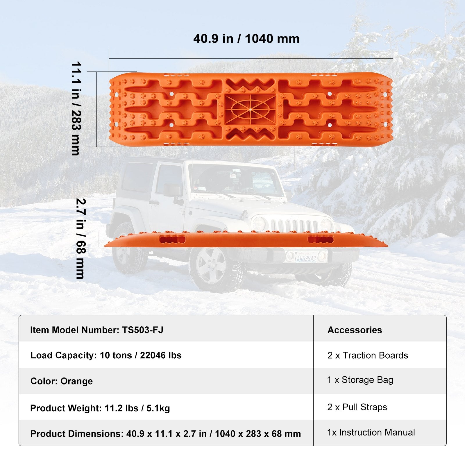10 TON Traction Boards with PP Material, Recovery Boards for Off-road Vehicles/Cars/Pickups/SUVs/RVs, Pair Tire Traction Mats on Snow, Sand, Mud and Loose Terrain, Storage Bag, Long, Orange