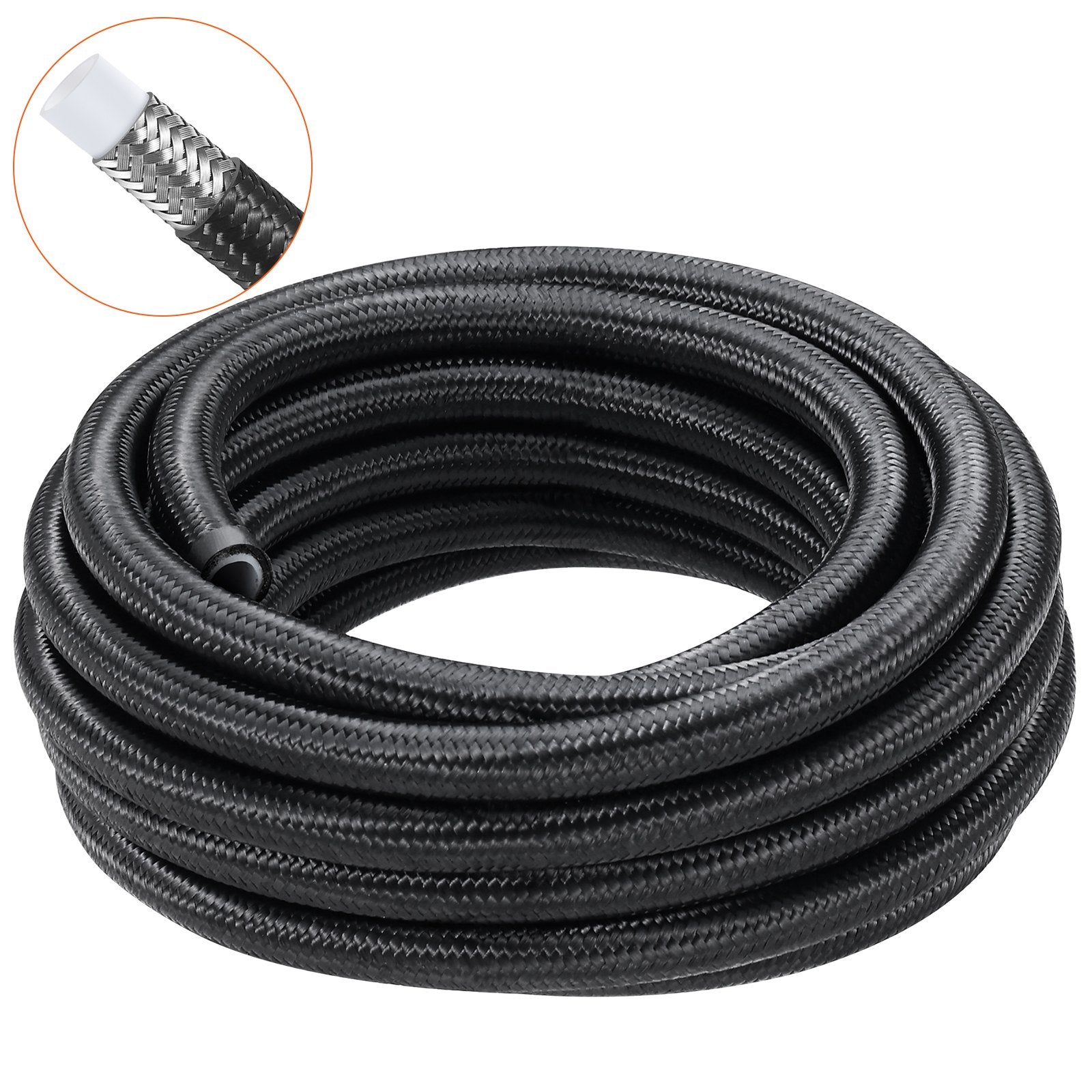 6AN Fuel Line Kit, 7.62 m Fuel Hose Kit, Nylon Stainless Steel Braided PTFE Fuel Line Kit, E85/Oil/Gas/Diesel Hose End Fitting Kit, with 15 PCS Swivel Fitting Adapter Kit, Black