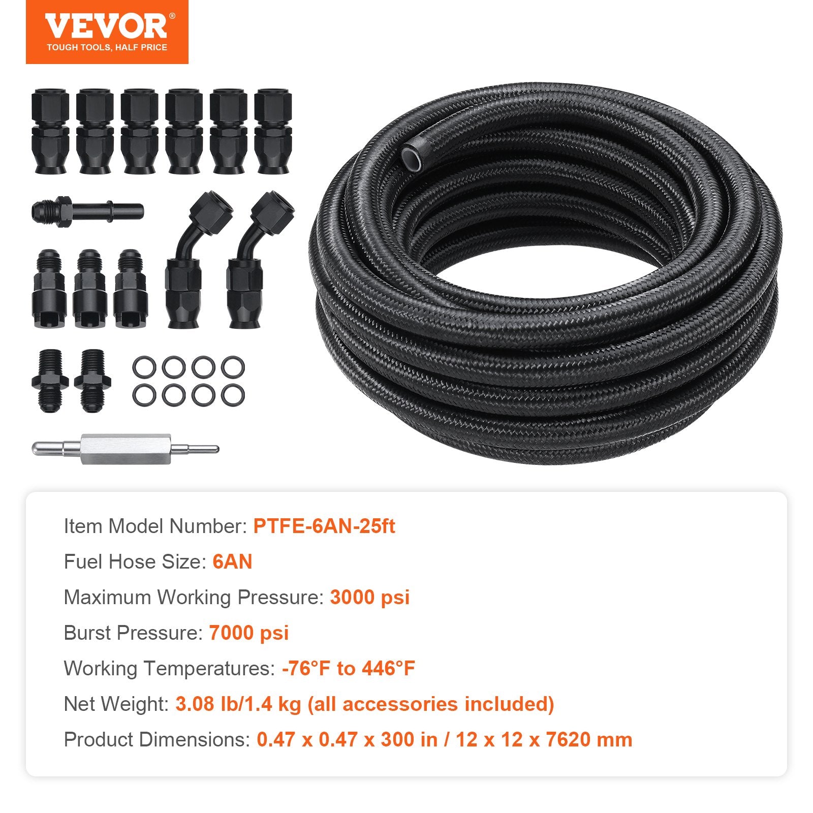 6AN Fuel Line Kit, 7.62 m Fuel Hose Kit, Nylon Stainless Steel Braided PTFE Fuel Line Kit, E85/Oil/Gas/Diesel Hose End Fitting Kit, with 15 PCS Swivel Fitting Adapter Kit, Black