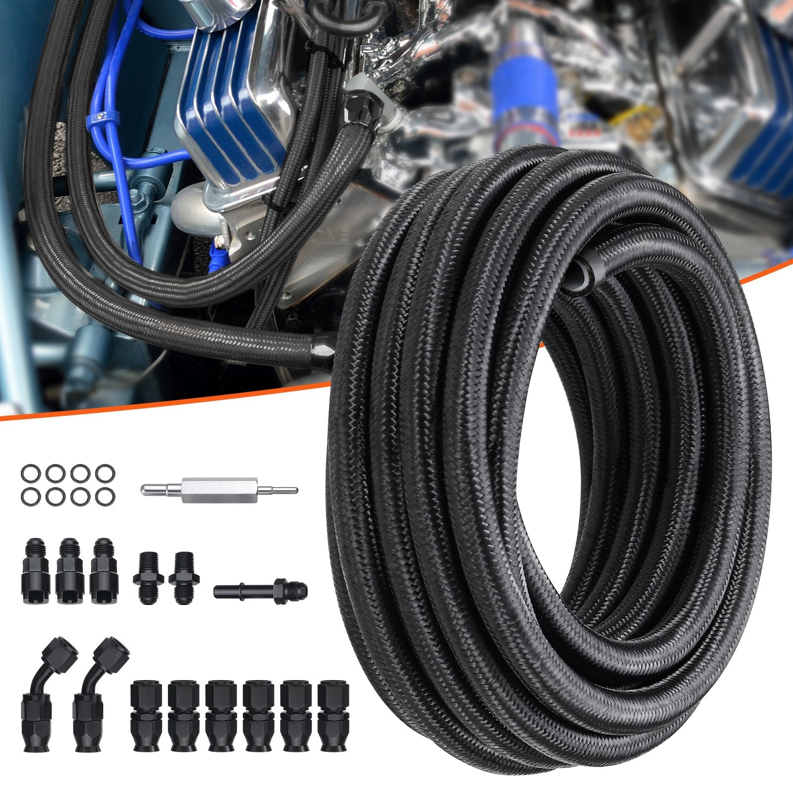 6AN Fuel Line Kit, 7.62 m Fuel Hose Kit, Nylon Stainless Steel Braided PTFE Fuel Line Kit, E85/Oil/Gas/Diesel Hose End Fitting Kit, with 15 PCS Swivel Fitting Adapter Kit, Black