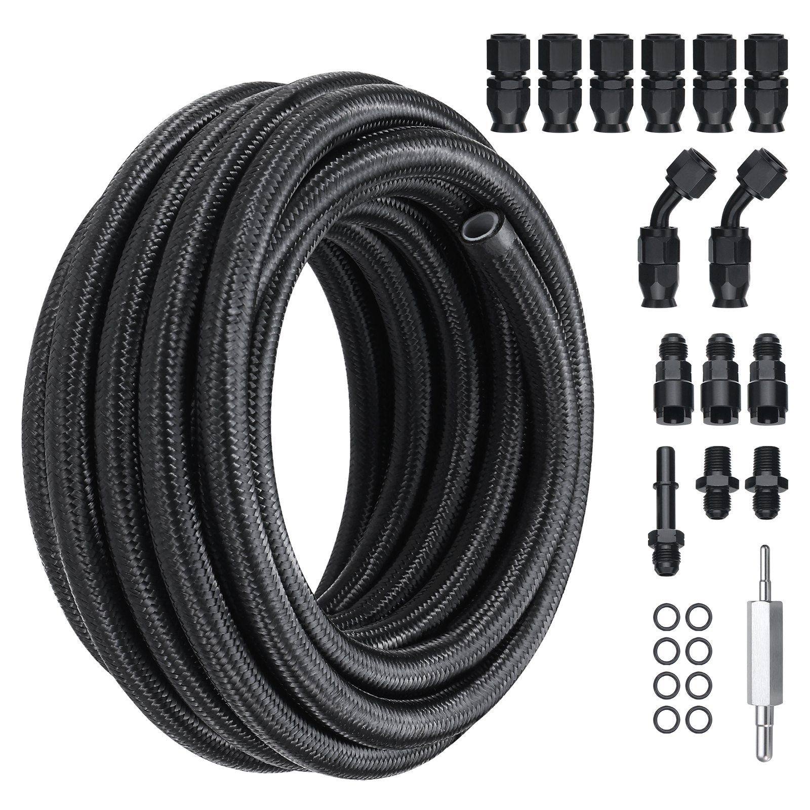6AN Fuel Line Kit, 7.62 m Fuel Hose Kit, Nylon Stainless Steel Braided PTFE Fuel Line Kit, E85/Oil/Gas/Diesel Hose End Fitting Kit, with 15 PCS Swivel Fitting Adapter Kit, Black