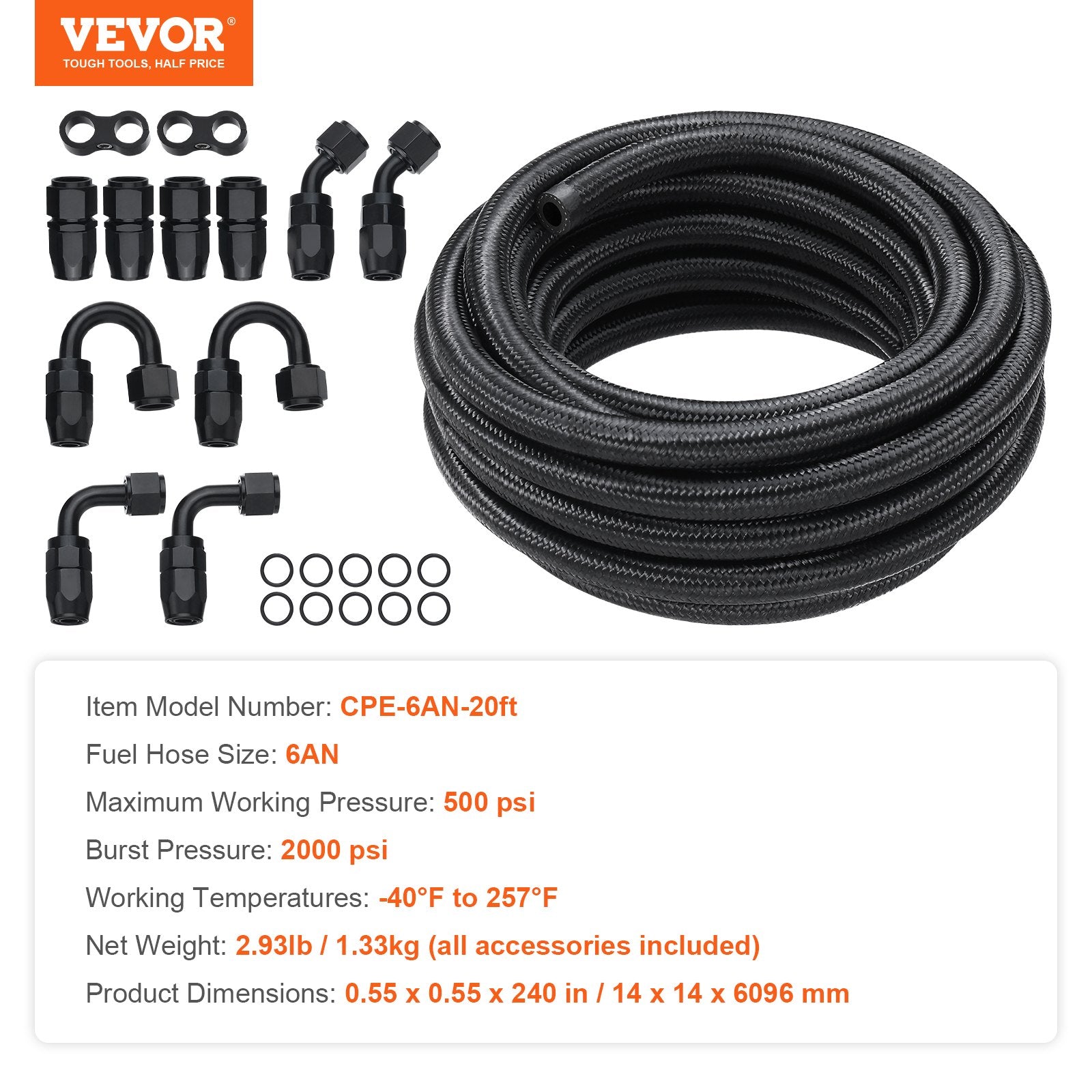 6AN Fuel Line Kit, 6.1 m Fuel Hose Kit, 0.86 cm Nylon Stainless Steel Braided Fuel Line Oil/Gas/Diesel Hose End Fitting Kit, with 12 PCS Swivel Fitting Adapter Kit, Black