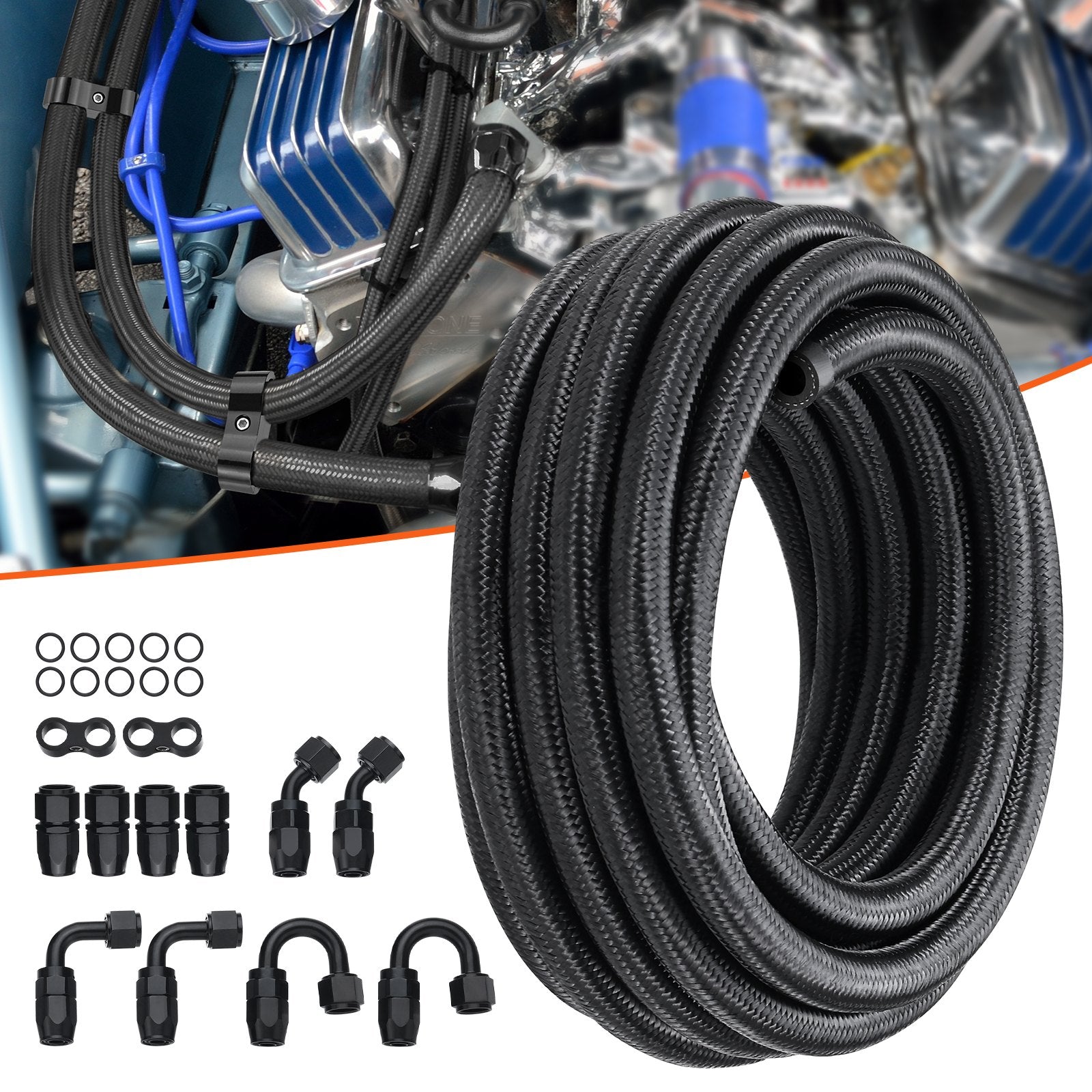 6AN Fuel Line Kit, 6.1 m Fuel Hose Kit, 0.86 cm Nylon Stainless Steel Braided Fuel Line Oil/Gas/Diesel Hose End Fitting Kit, with 12 PCS Swivel Fitting Adapter Kit, Black