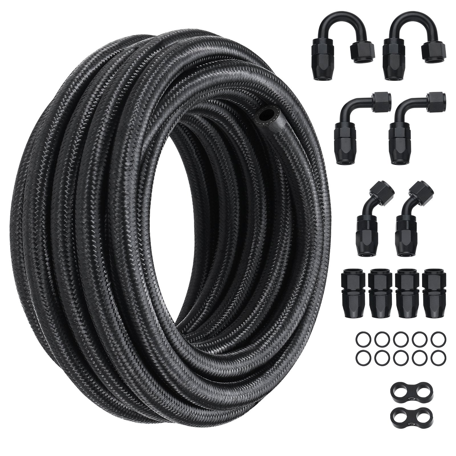 6AN Fuel Line Kit, 6.1 m Fuel Hose Kit, 0.86 cm Nylon Stainless Steel Braided Fuel Line Oil/Gas/Diesel Hose End Fitting Kit, with 12 PCS Swivel Fitting Adapter Kit, Black