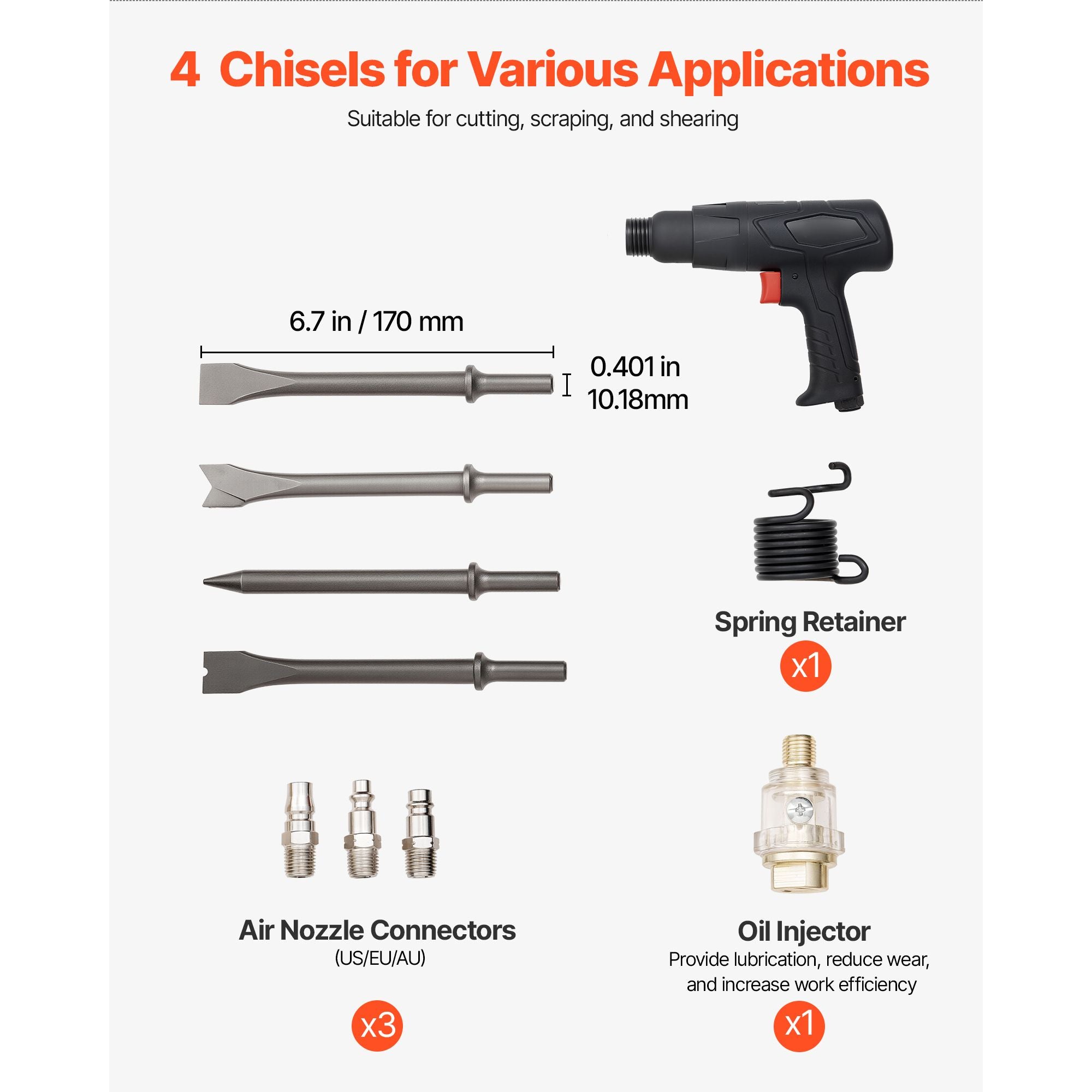 Pneumatic Air Hammer 2700BPM Air Chisel with 4 Long Barrel Chisels