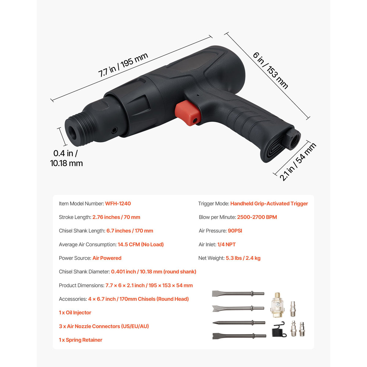 Pneumatic Air Hammer 2700BPM Air Chisel with 4 Long Barrel Chisels