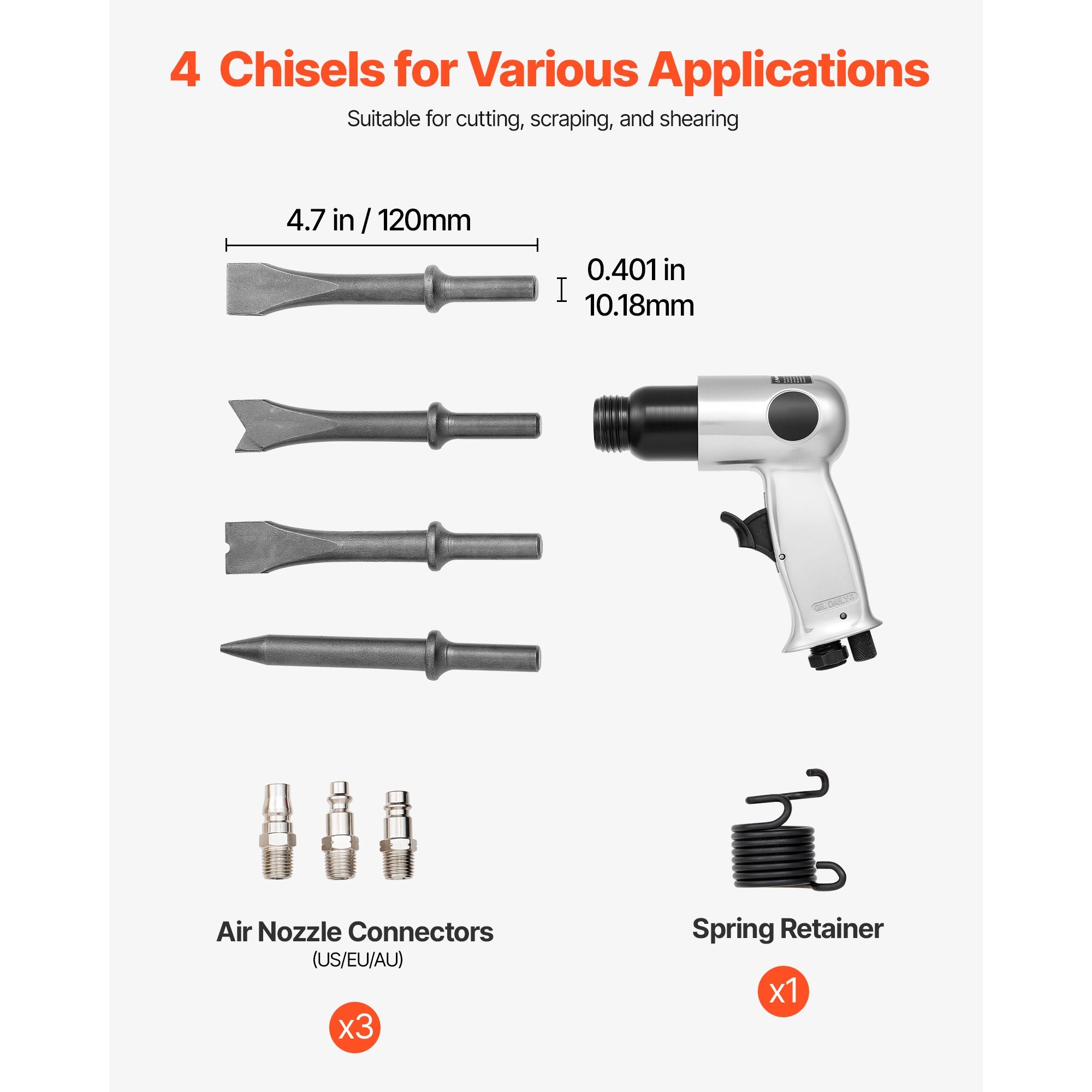 Pneumatic Air Hammer 4500BPM Air Chisel with 4 Round Shank Chisels