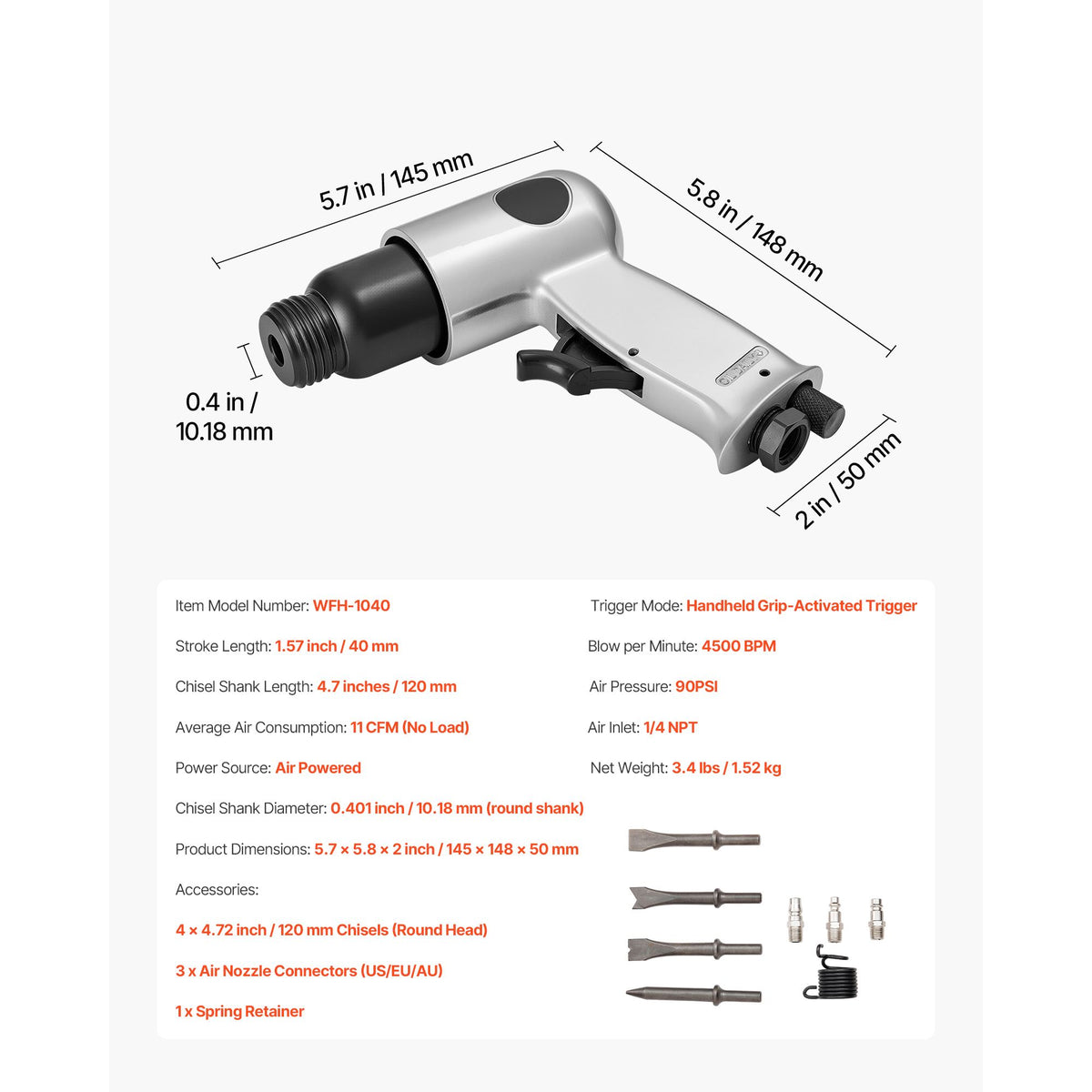 Pneumatic Air Hammer 4500BPM Air Chisel with 4 Round Shank Chisels