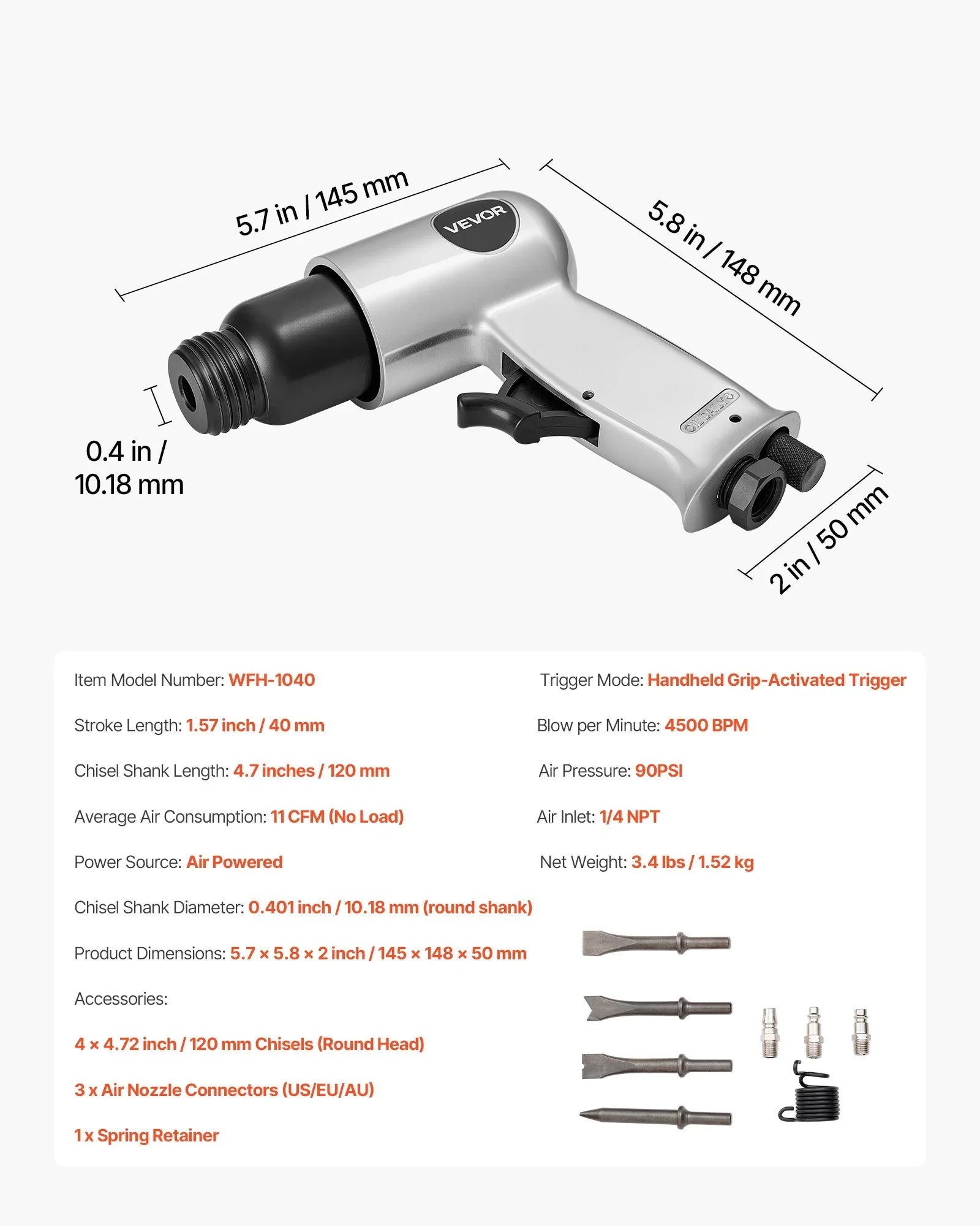 Air Hammer, 4500BPM Pneumatic Hammer with 40mm Stroke & 4PCS Chisels Round Shank, Lightweight & Compact Air Chisel Pneumatic Shovel Tool for Cutting Punching Scraping
