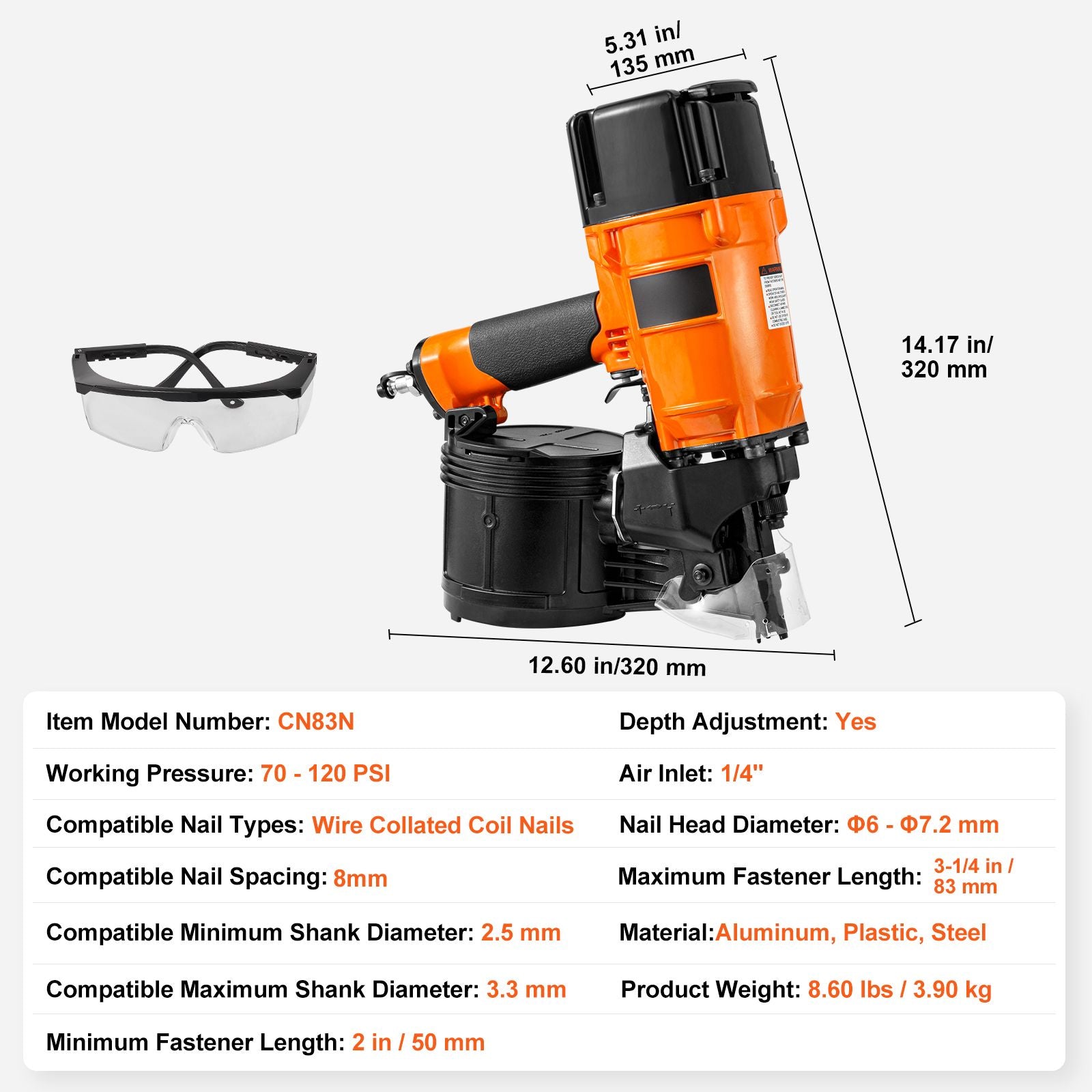 CN83N Coil Siding Nailer 50mm to 83mm 15 Degree Pneumatic Nail Gun
