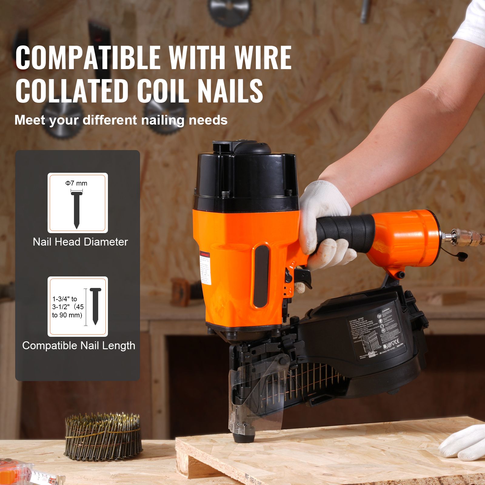MCN90 Coil Framing Nailer 45mm to 90mm 15 Degree Pneumatic Nail Gun