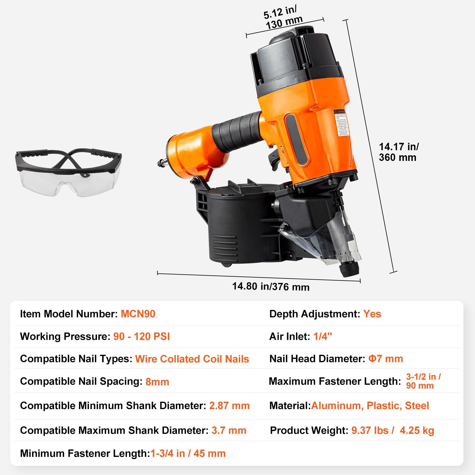 MCN90 Coil Framing Nailer 45mm to 90mm 15 Degree Pneumatic Nail Gun