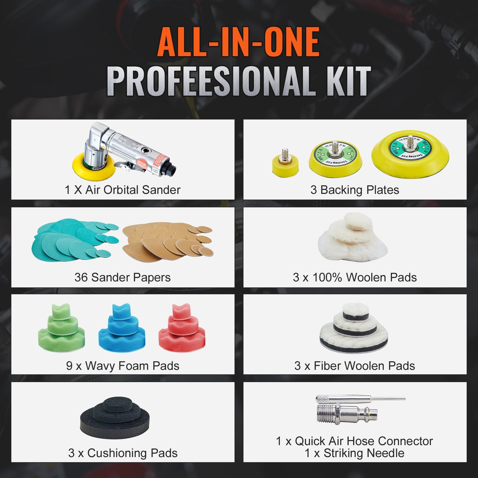 58PCS Air Sander Kit 1/2/3in Random Orbital Air Sander Polisher 15000r/min