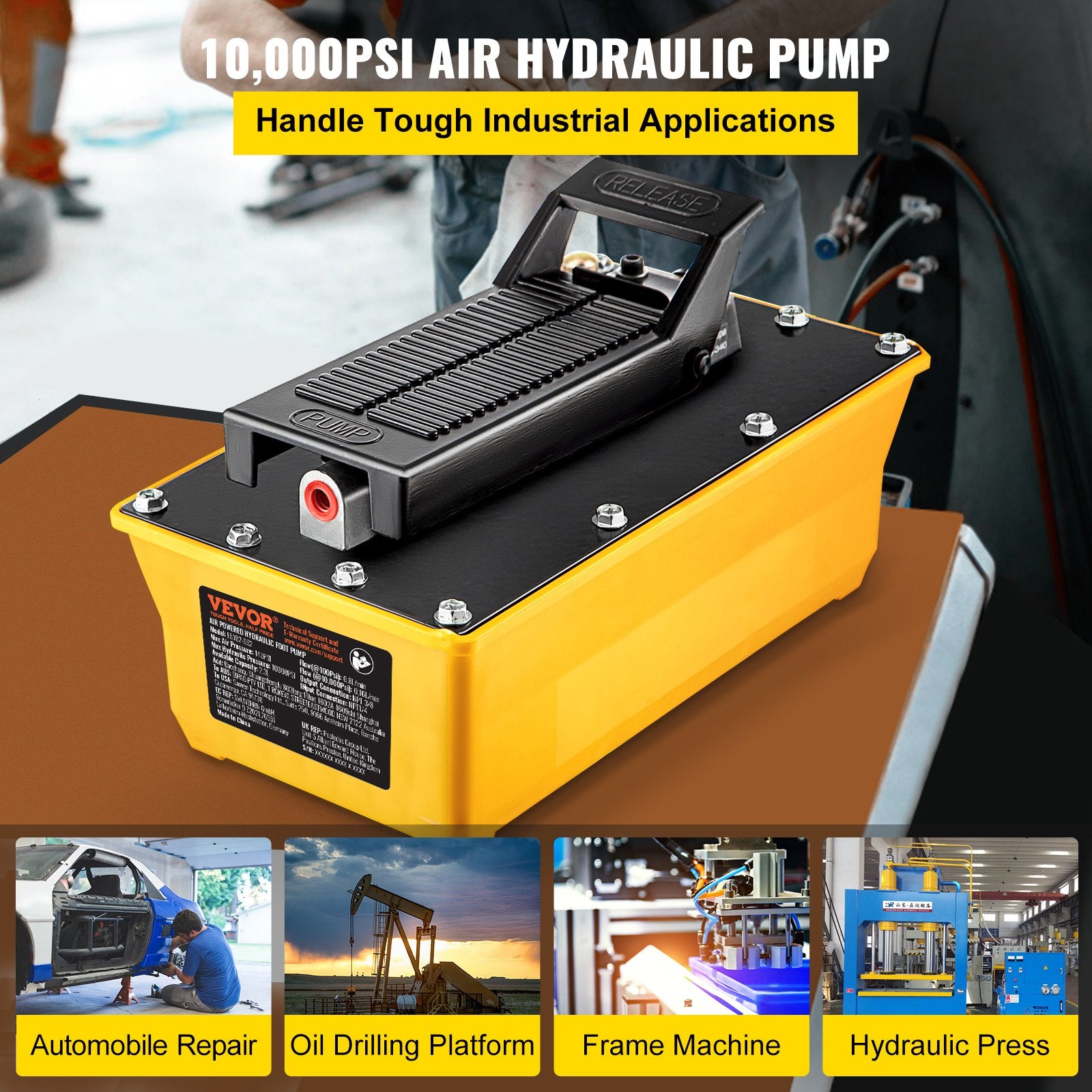 Air Hydraulic Pump, 10,000 PSI Hydraulic Foot Pump, 0.6 Gal Reservoir Foot Operated Air/Hydraulic Pump, with Hose and Spray Gun for Heavy Machinery Rigging, Auto Repair, Auto Body Frame Machines