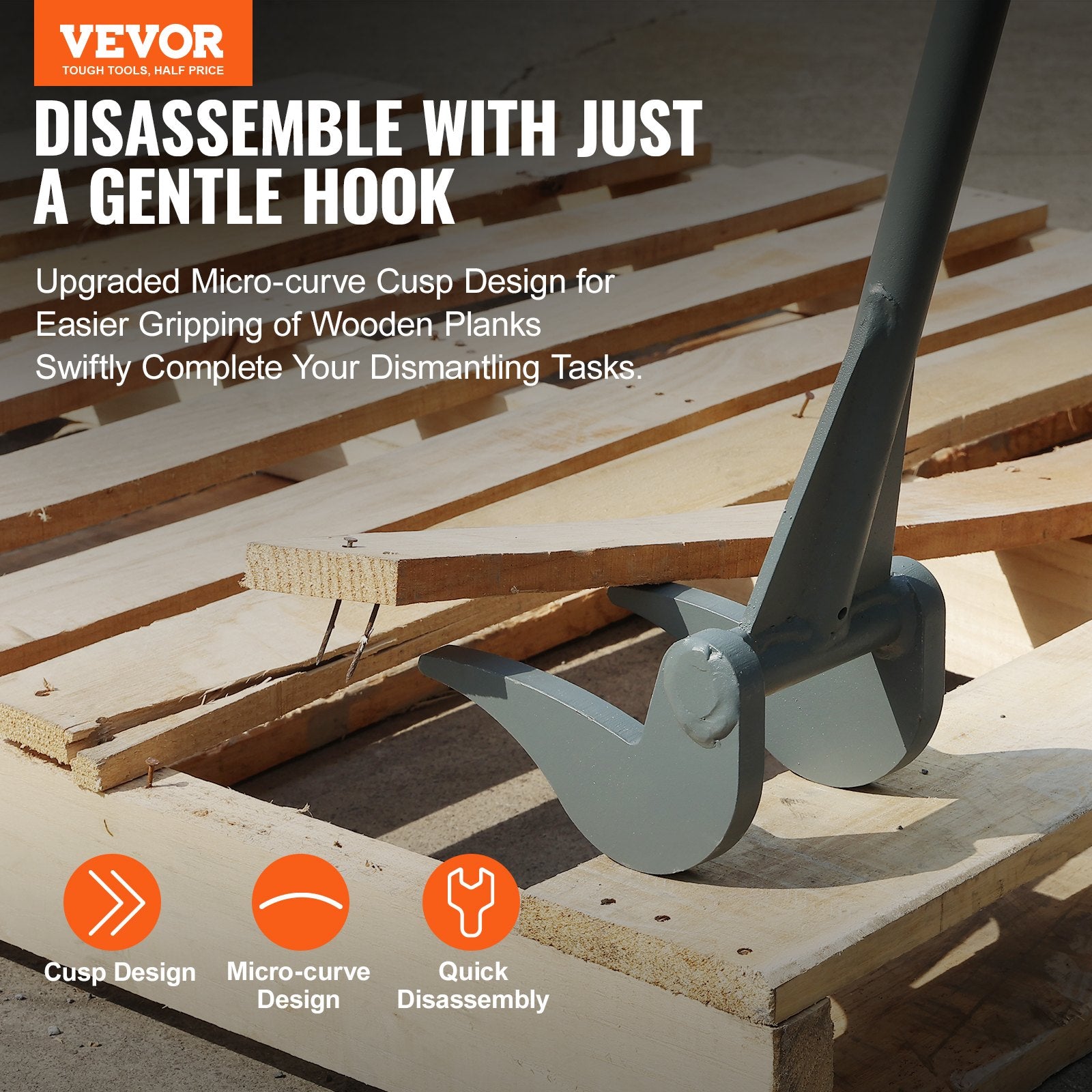 Pallet Buster, 50'' Carbon Steel Handle Wrecking Pry Bar, 2000 lbs Weight Capacity, Heavy Duty Deck Board Removal Tool, Multipurpose Demolition Bar for Flooring, Framing, Roofing, Trim, Drywall