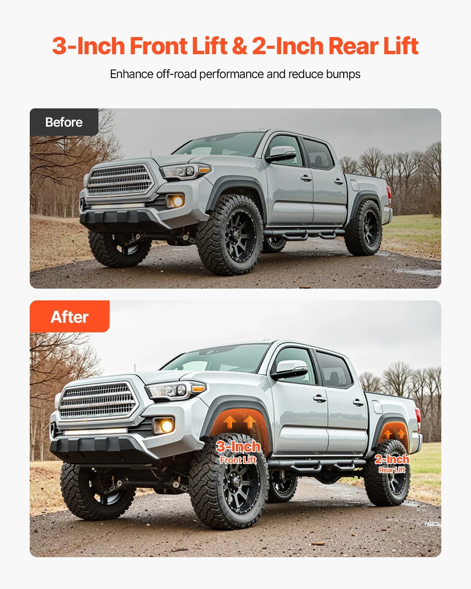 76.2 mm Front and 50.8 mm Rear Leveling Lift Kit for 2007-2023 Silverado 1500 2WD/4WD, 2007-2023 Sierra 1500 2WD/4WD, Chassis Level Kit with 2 Front Strut Spacers, 2 Rear Lift Blocks, 2 U-Bolts