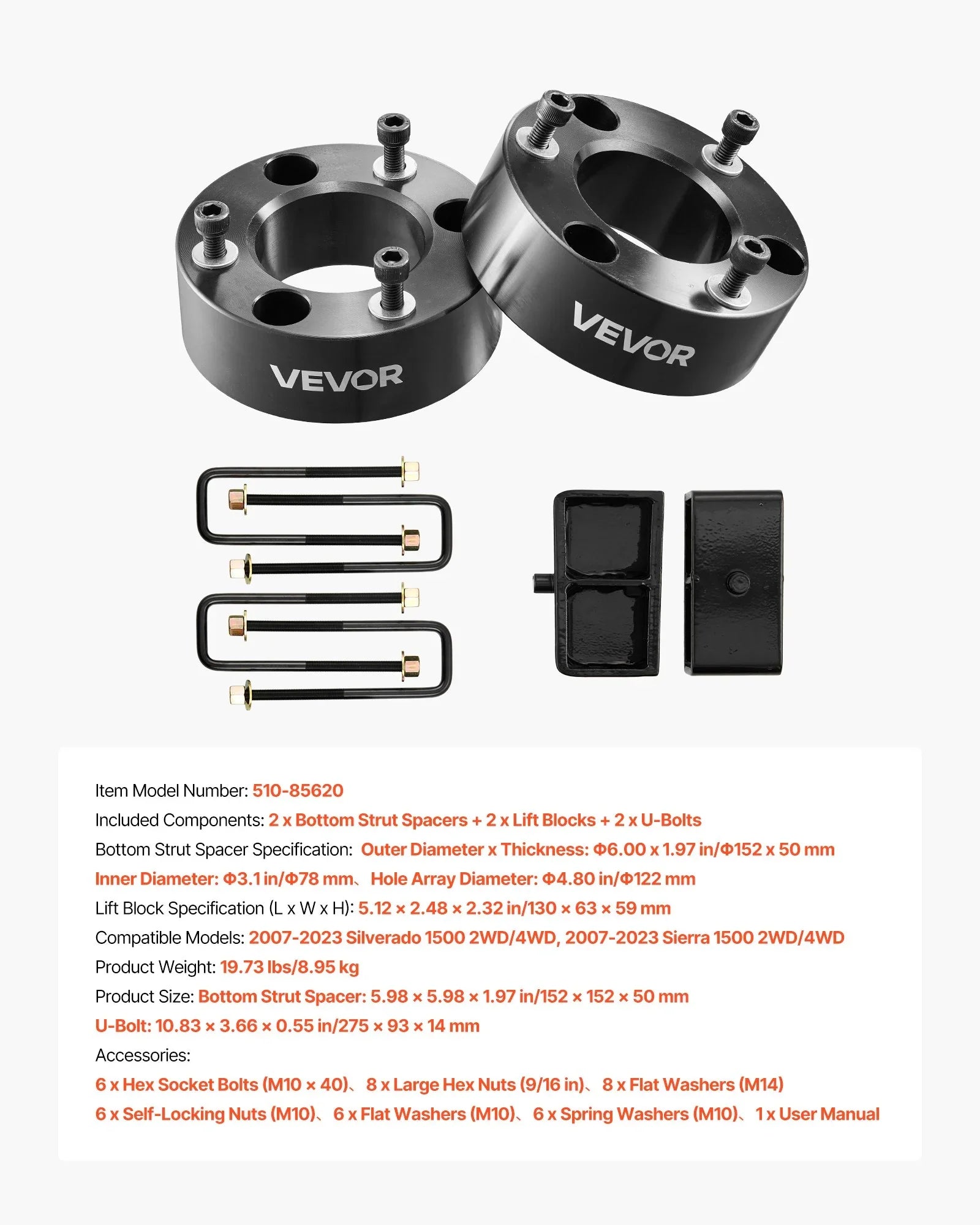 76.2 mm Front and 50.8 mm Rear Leveling Lift Kit for 2007-2023 Silverado 1500 2WD/4WD, 2007-2023 Sierra 1500 2WD/4WD, Chassis Level Kit with 2 Front Strut Spacers, 2 Rear Lift Blocks, 2 U-Bolts