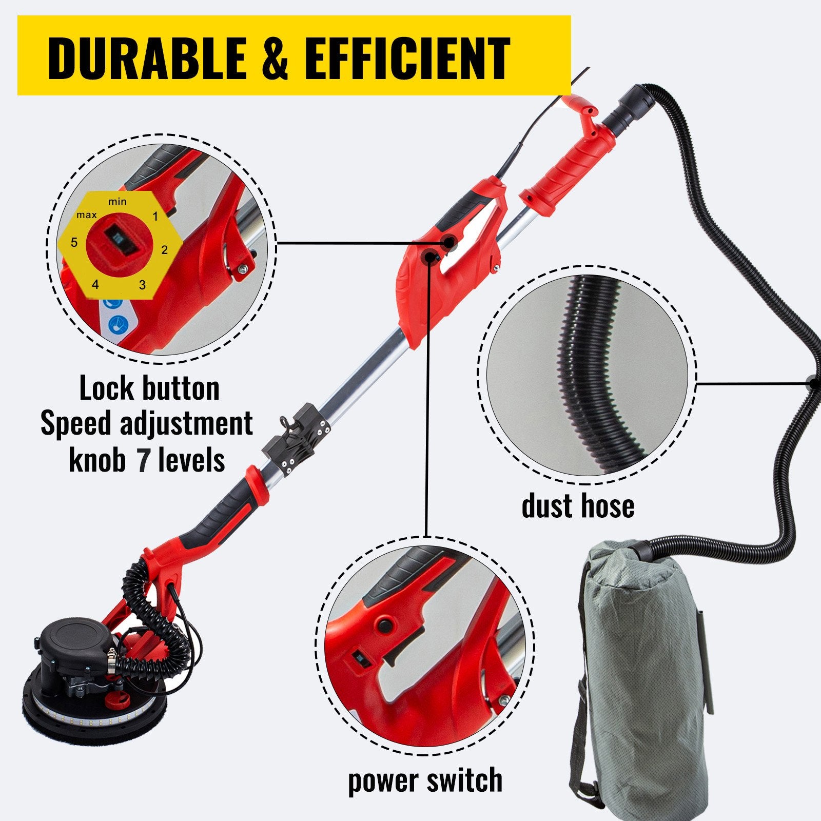 Drywall Sander 750W, Electric Drywall Sander, Foldable Sheetrock Sander, with Telescope Handle, Electric Sander, Variable Speed 800-1750 RPM, Wall Sander, with LED Strip Light and Vacuum Bag
