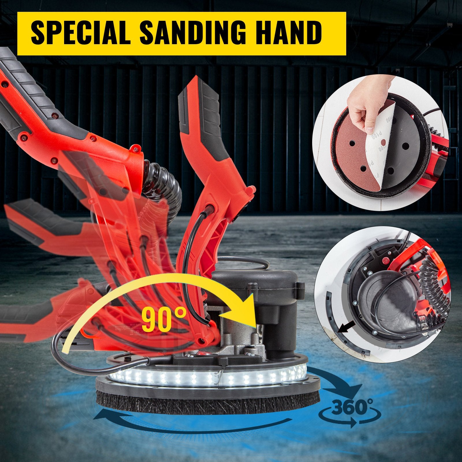 Drywall Sander 750W, Electric Drywall Sander, Foldable Sheetrock Sander, with Telescope Handle, Electric Sander, Variable Speed 800-1750 RPM, Wall Sander, with LED Strip Light and Vacuum Bag