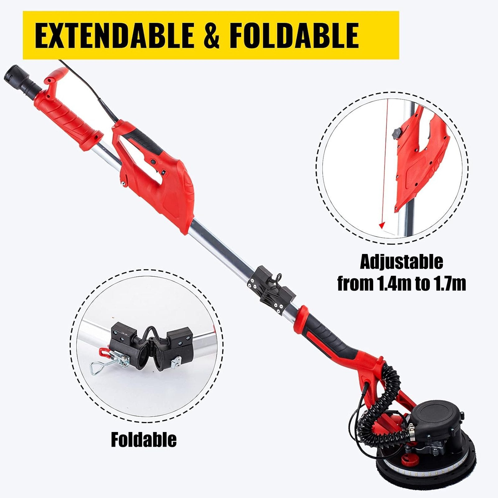Drywall Sander 750W, Electric Drywall Sander, Foldable Sheetrock Sander, with Telescope Handle, Electric Sander, Variable Speed 800-1750 RPM, Wall Sander, with LED Strip Light and Vacuum Bag