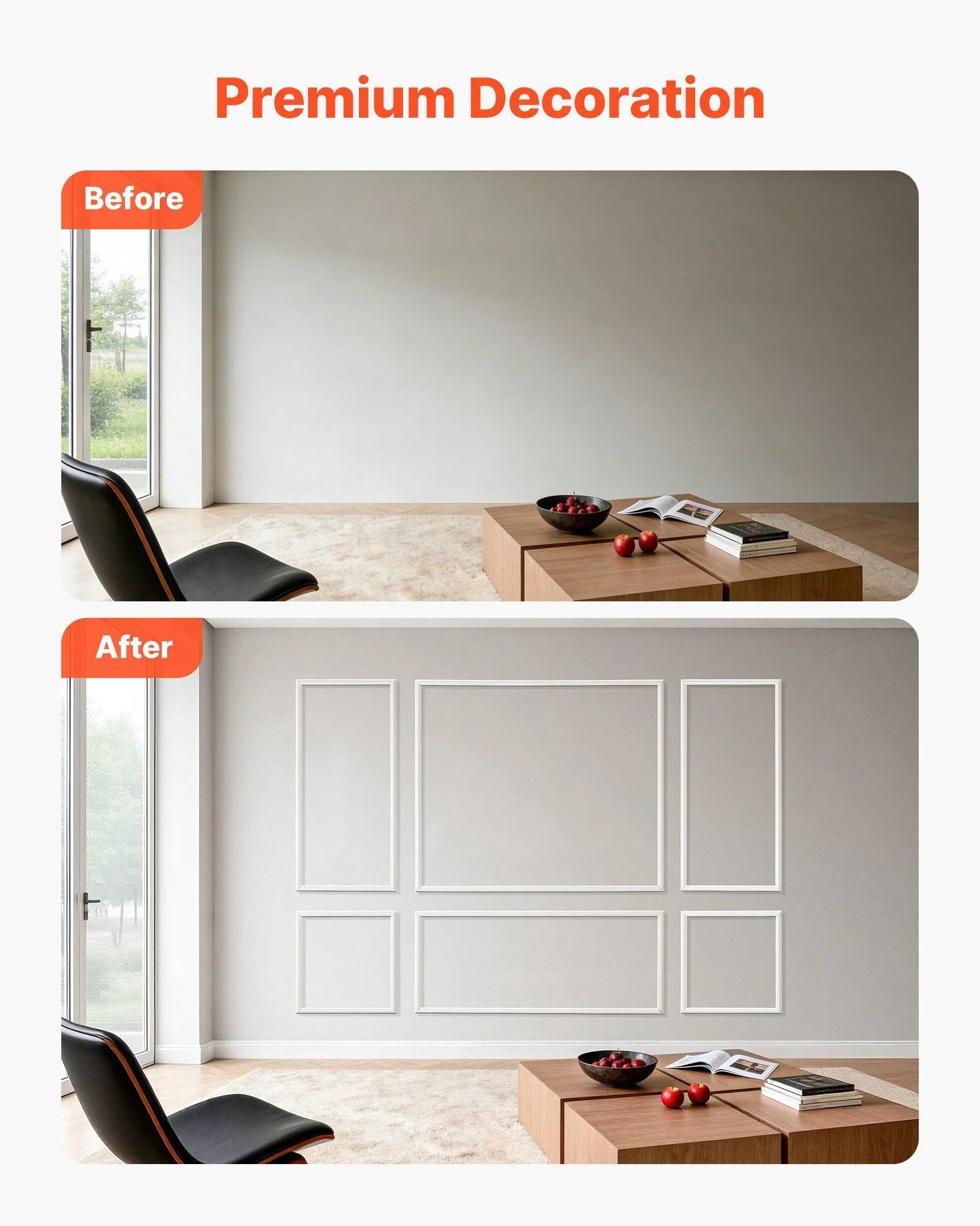 Wall Molding 3 Pack, Wainscoting Panels Kit, Lightweight Paintable Polystyrene, Easy to Install Accent Wall Trim for Interior Décor Living Room, Bedroom, Home, White (58x143 + 58x58 cm)