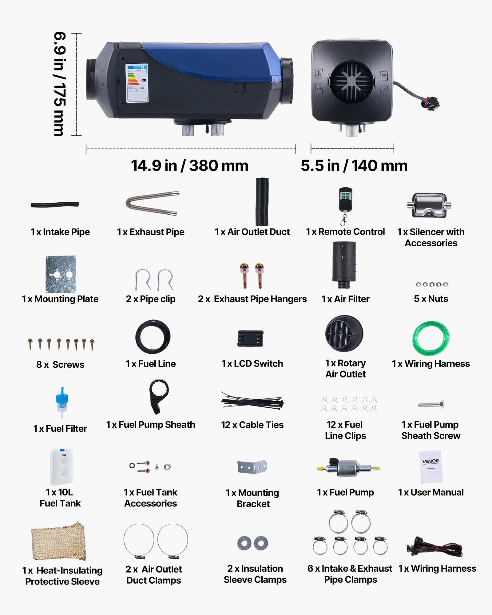 Diesel Heater, 8KW, DC 12V/24V, Portable Diesel Air Heater with Remote Control and LCD Screen, Fast Heating Low Noise, 10 L Large Fuel Tank for Vehicles, Vans, RVs, Campers, and Trucks
