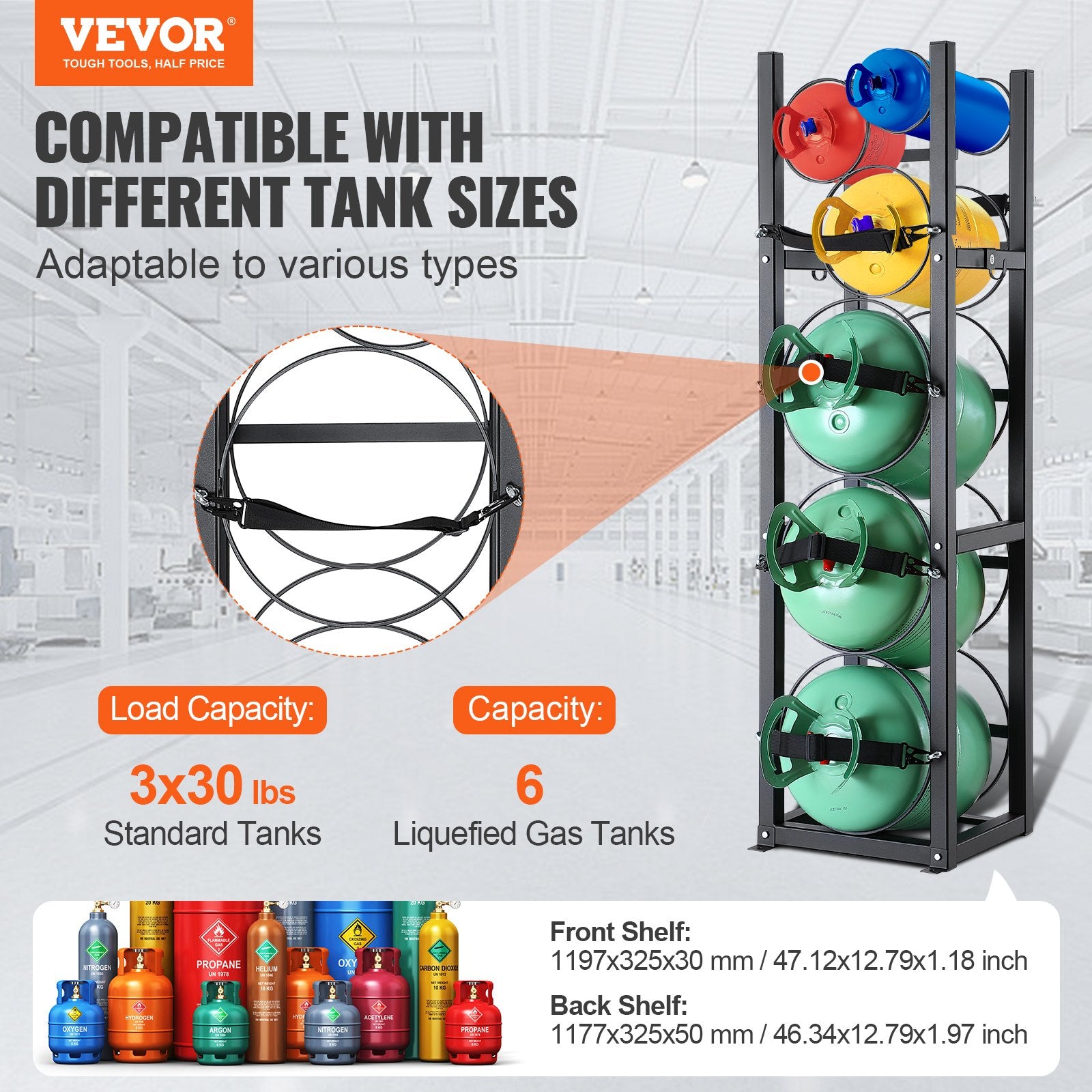 Refrigerant Tank Rack, with 3 x 30lbs and Other 3 Small Bottle Tanks, Cylinder Tank Rack 12.79x12.99x47.12 in, Refrigerant Cylinder Rack and Holders for Freon, Gases, Oxygen, Nitrogen