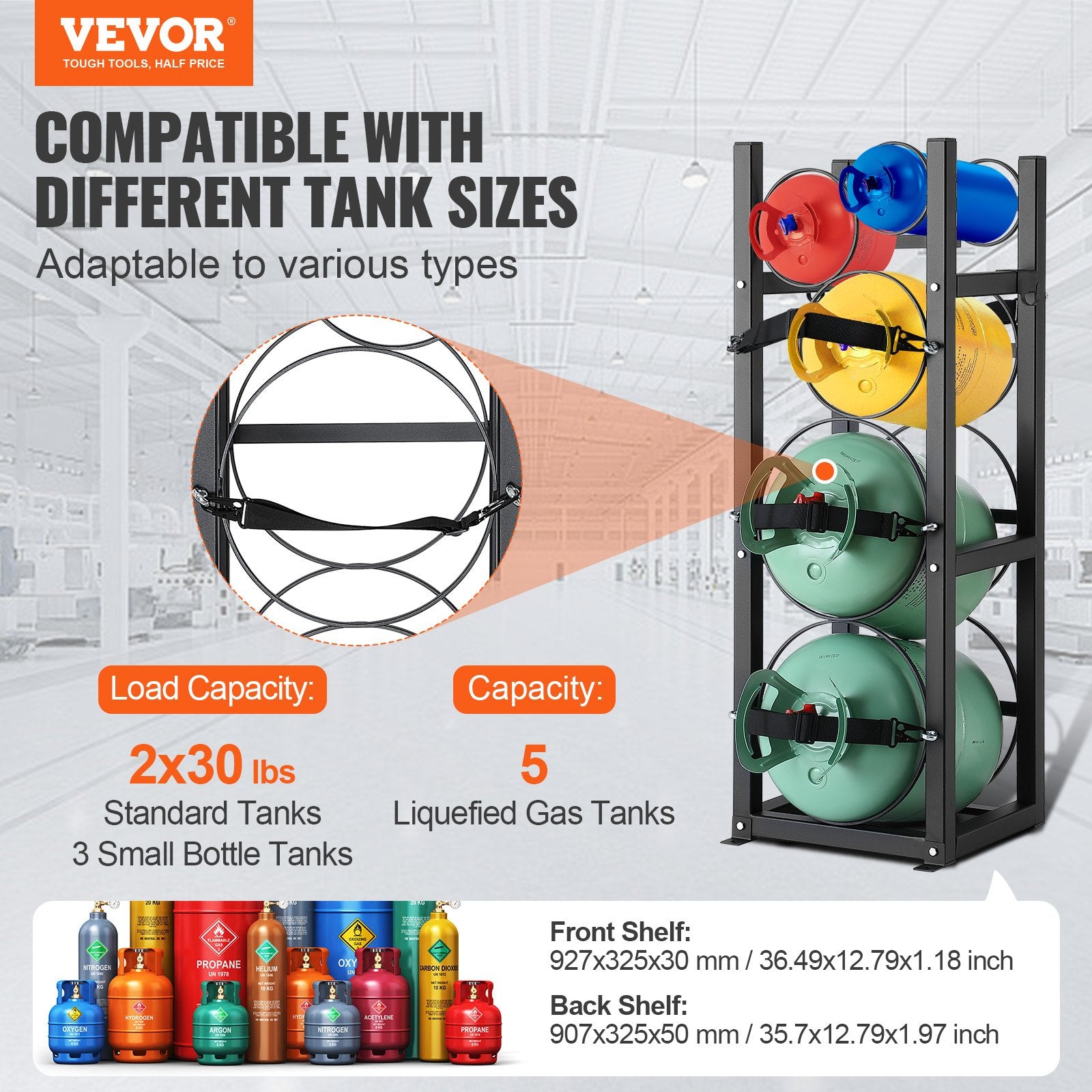 Refrigerant Tank Rack, with 2 x 30lbs and Other 3 Small Bottle Tanks, Cylinder Tank Rack 12.79x12.99x47.12 in, Refrigerant Cylinder Rack and Holders for Freon, Gases, Oxygen, Nitrogen