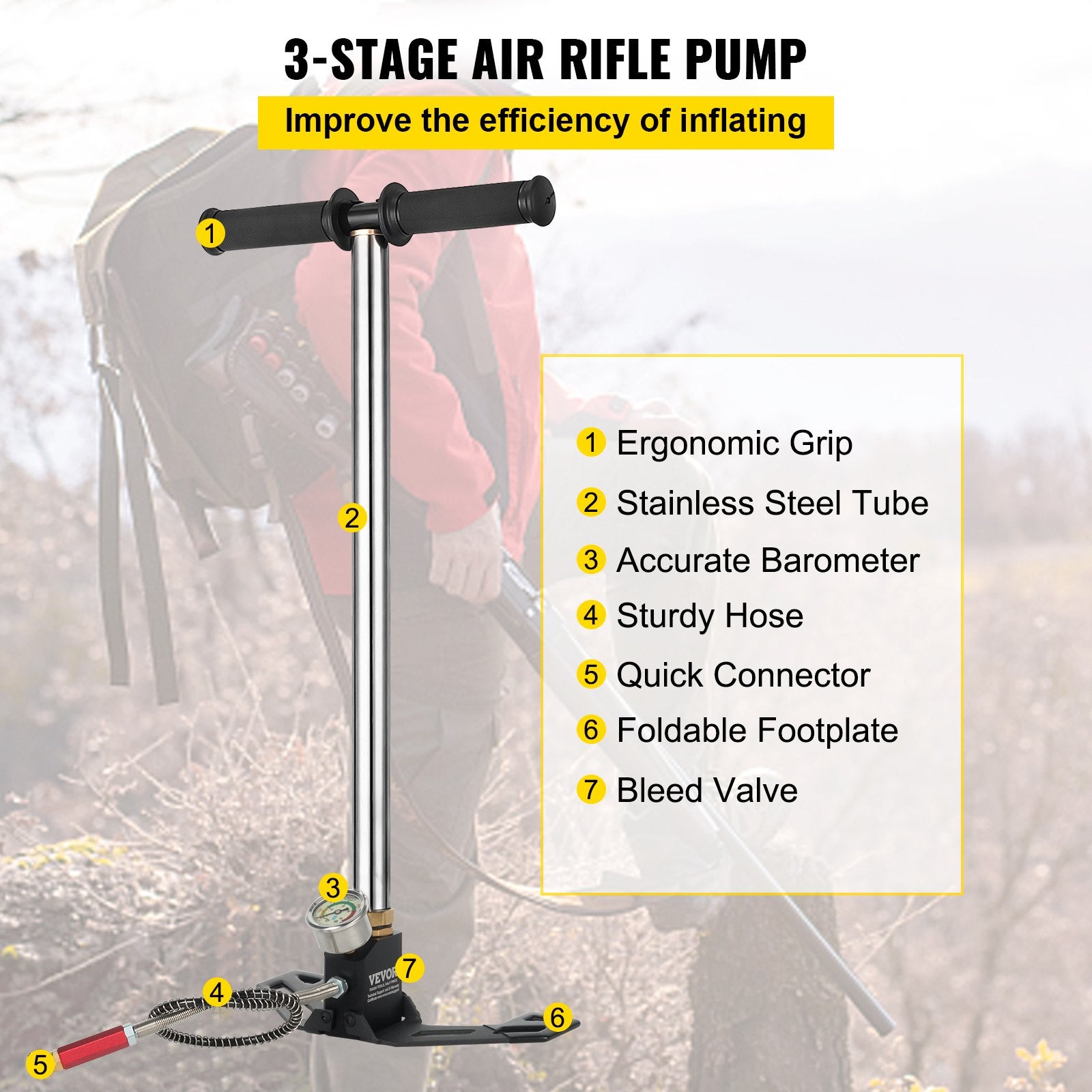 High Pressure Hand Pump 3 Stage up to 4500 psi PCP Pump Safe and Convenient Airgun PCP Pump High Pressure Hand Pump for High Pressure Tires and Pre-Charged Pneumatic Airguns