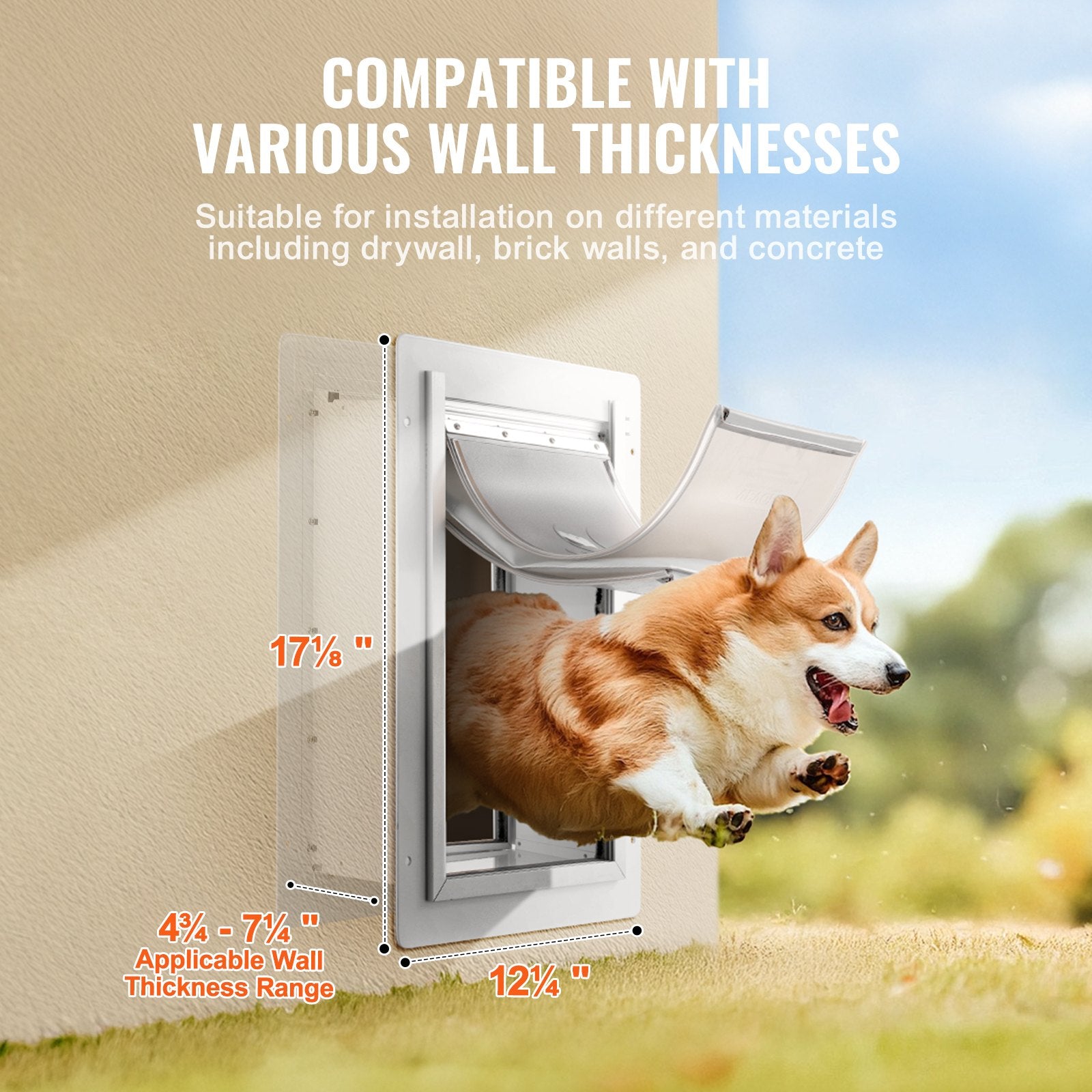 Pet Door, 31.2 x 43.5 cm Metal Frame with Lock and 3-Flap System, Weatherproof Doggy Door, Easy to Install in Interior or Exterior Walls, Pet Door Suitable for Cat Doggie Kitties (White-Medium)