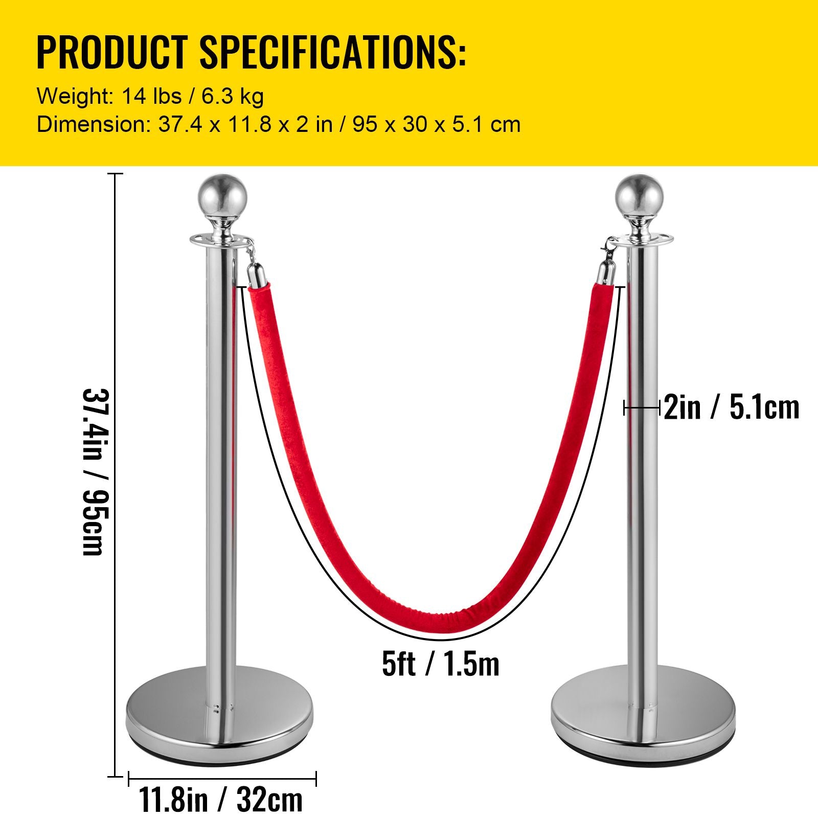 6PCS Red Rope Stanchion Silver Post Crowd Control Queue Line Barrier