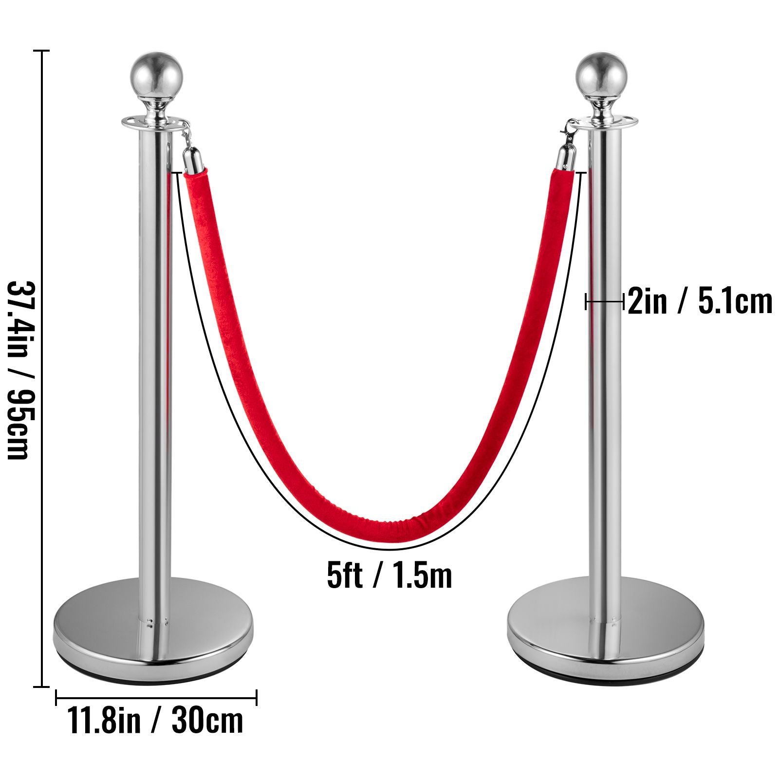 6PCS Red Rope Stanchion Silver Post Crowd Control Queue Line Barrier