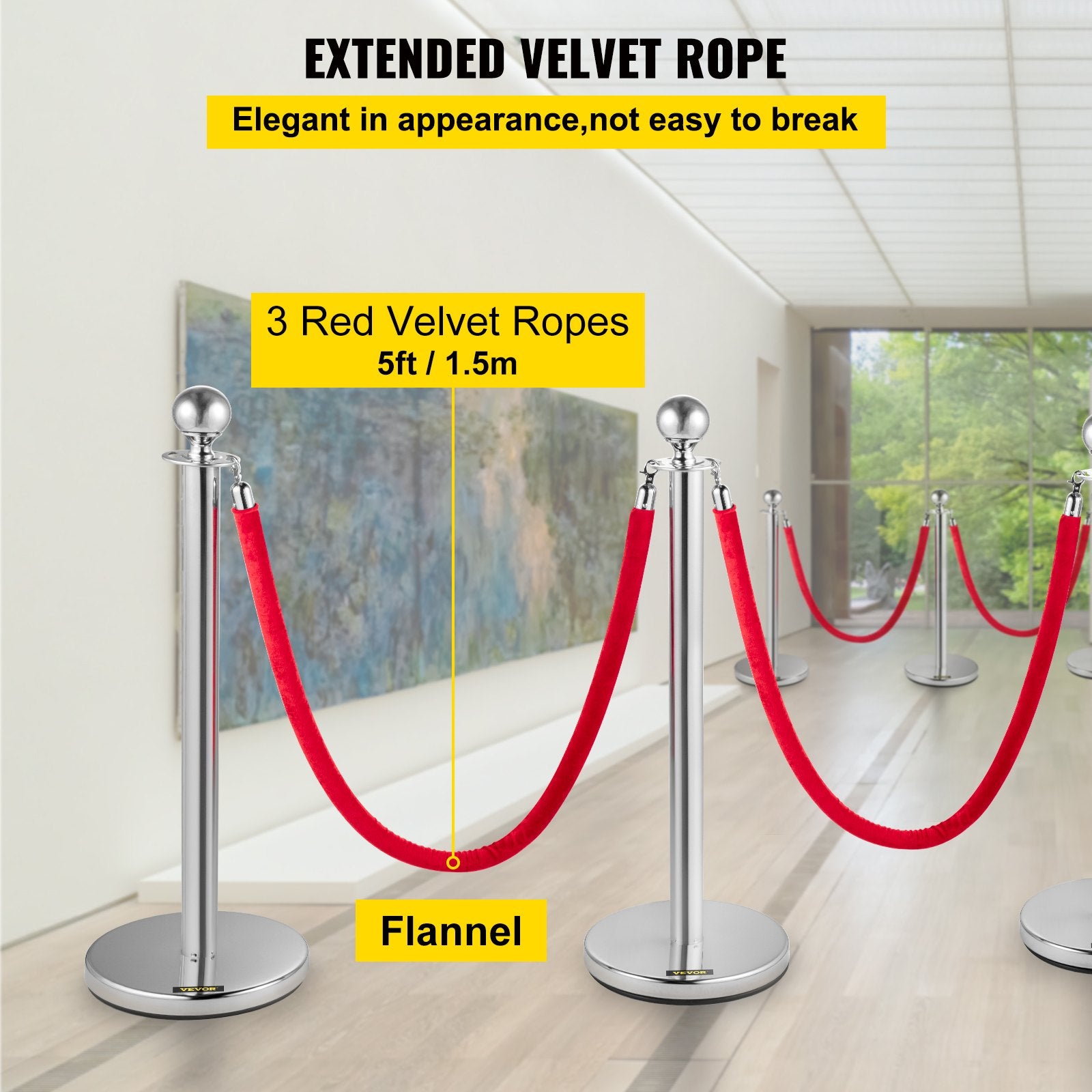 6PCS Red Rope Stanchion Silver Post Crowd Control Queue Line Barrier