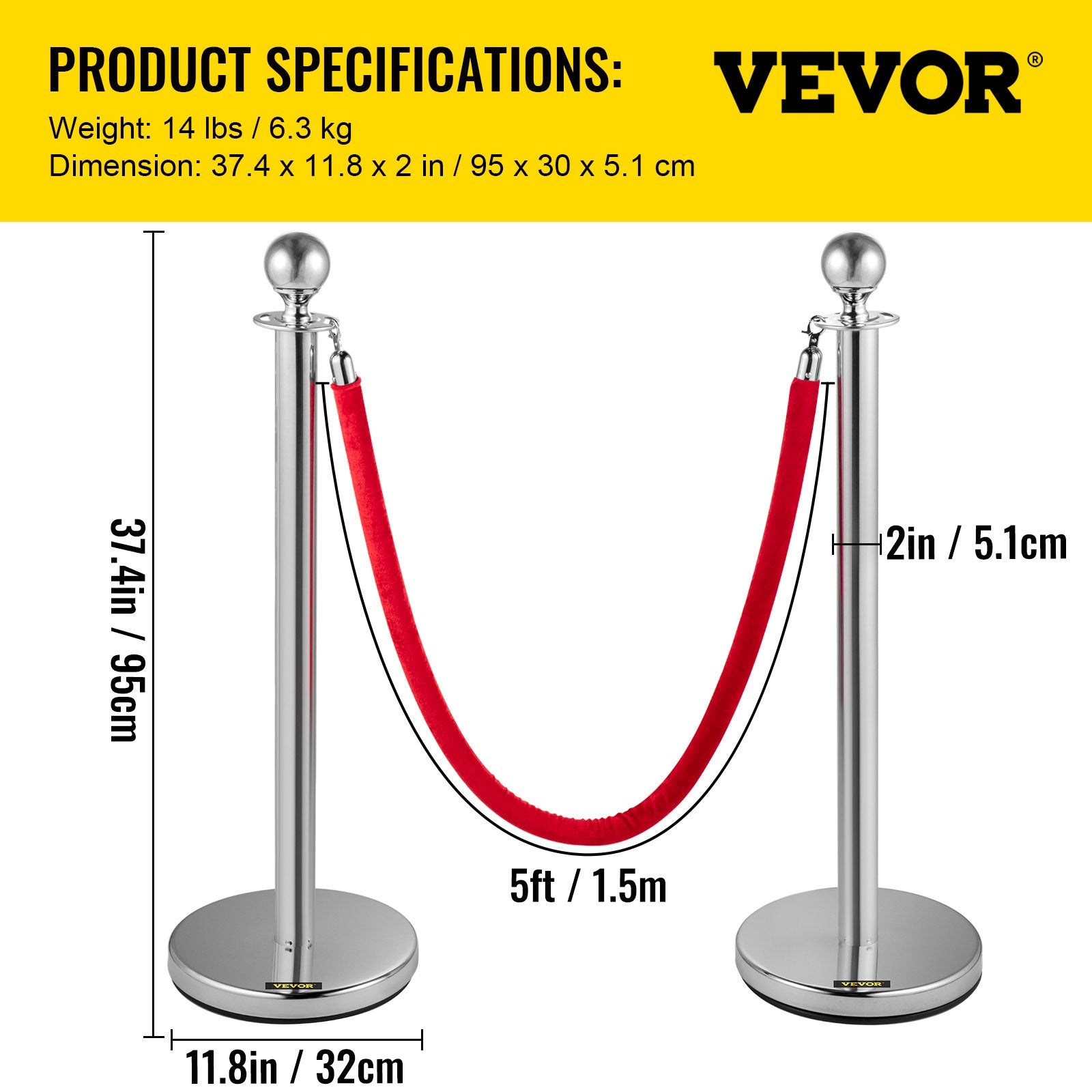 6PCS Red Rope Stanchion Silver Post Crowd Control Queue Line Barrier