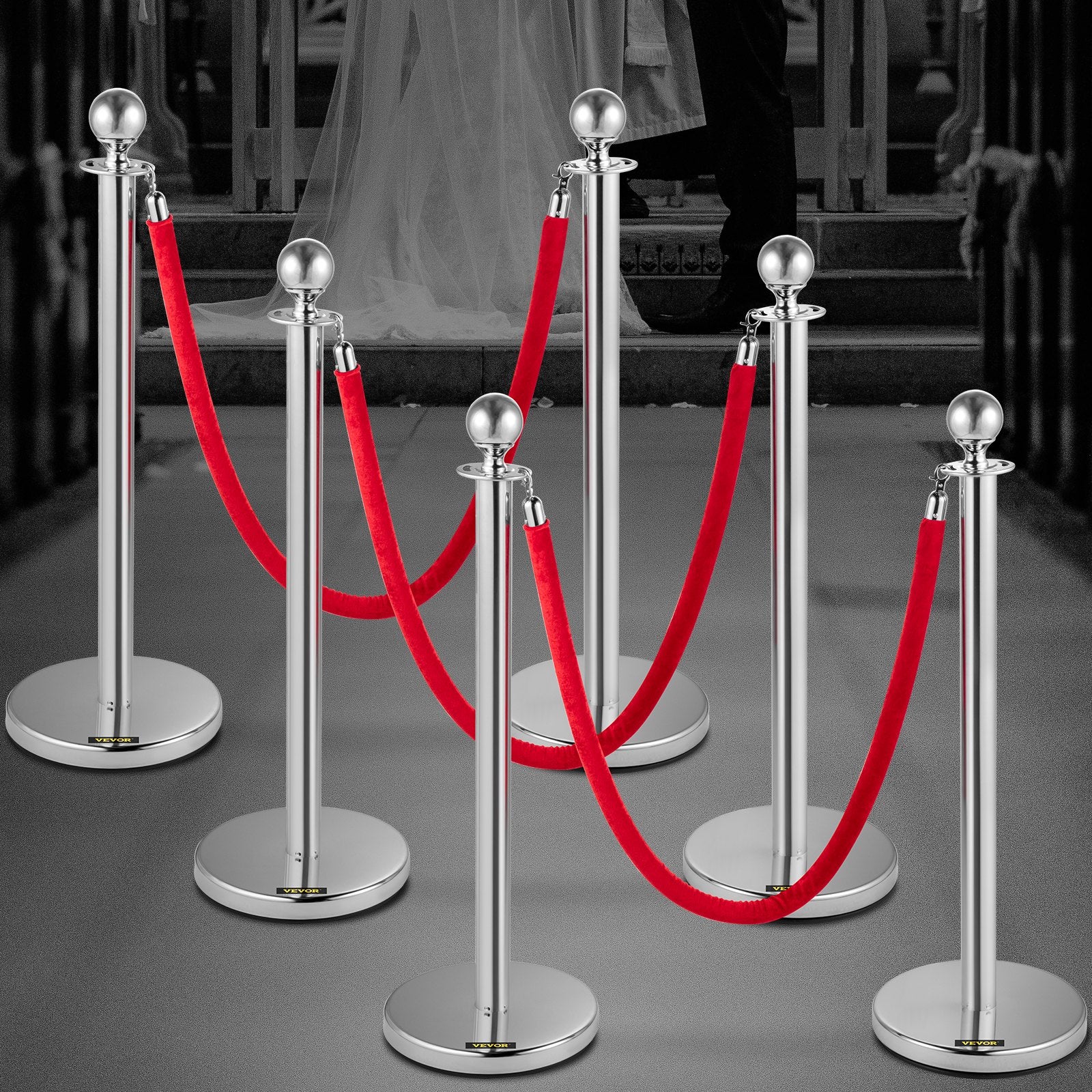 6PCS Red Rope Stanchion Silver Post Crowd Control Queue Line Barrier