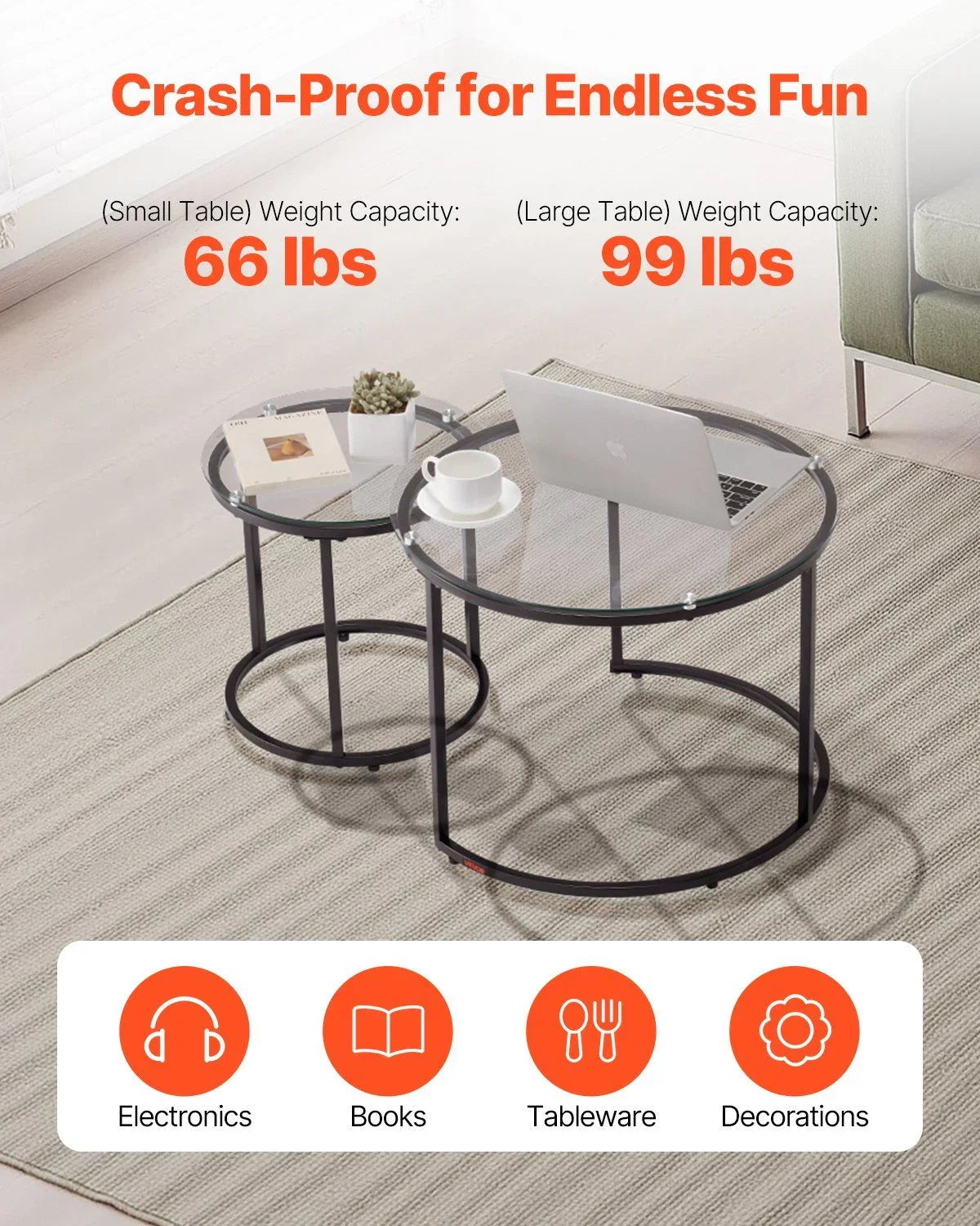 Nesting Coffee Table Set of 2, 600 mm Round Coffee Table, Glass Nesting Tables for Small Place, Modern End Side Tables Night Stand with Metal Frame, for Living Room, Bedroom, Balcony, Office