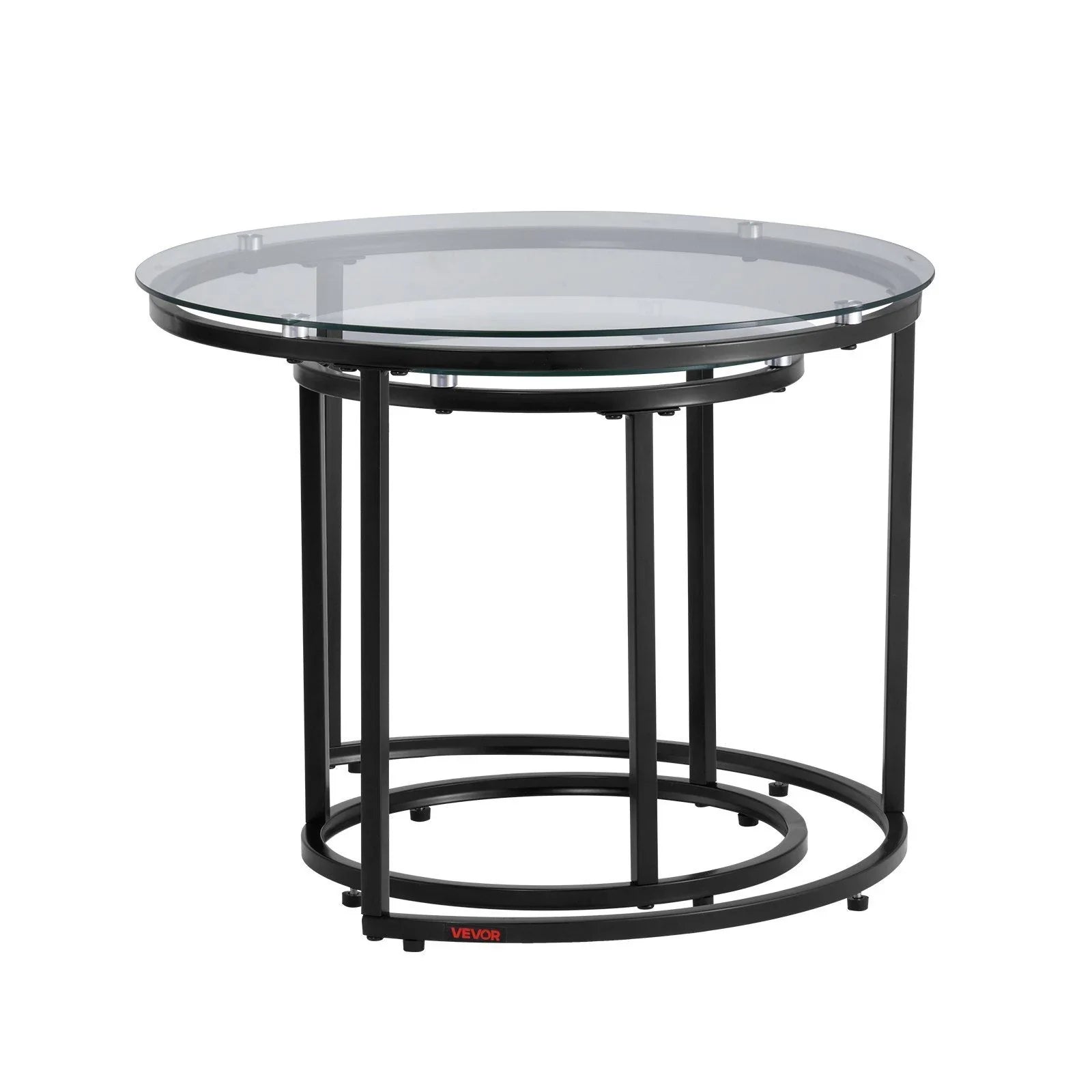 Nesting Coffee Table Set of 2, 600 mm Round Coffee Table, Glass Nesting Tables for Small Place, Modern End Side Tables Night Stand with Metal Frame, for Living Room, Bedroom, Balcony, Office