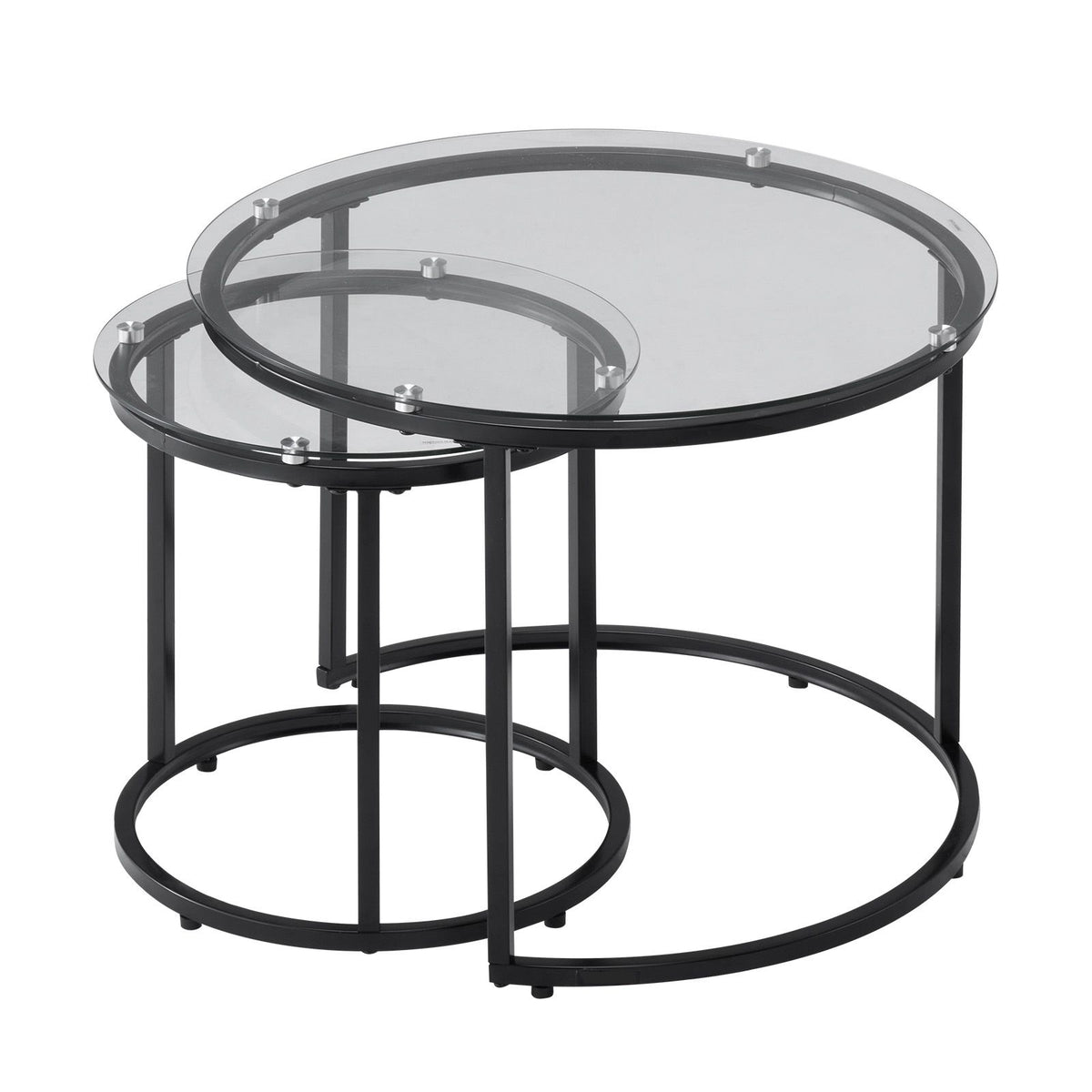 2PC Round Nesting Coffee Tables 600mm Tempered Glass Metal Frame Modern Side
