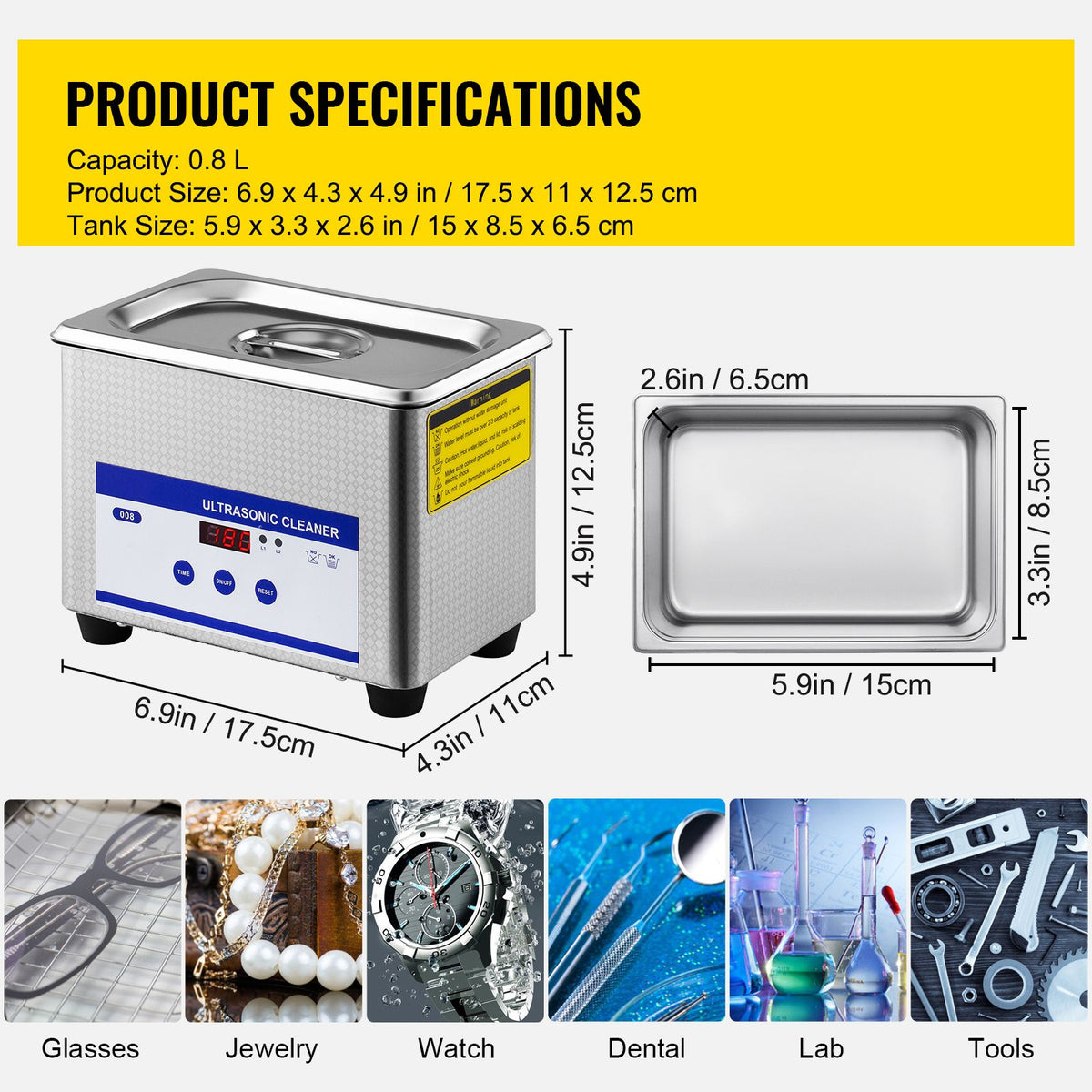 0.8L Ultrasonic Cleaner – 304 Stainless Steel 40kHz Digital Timer