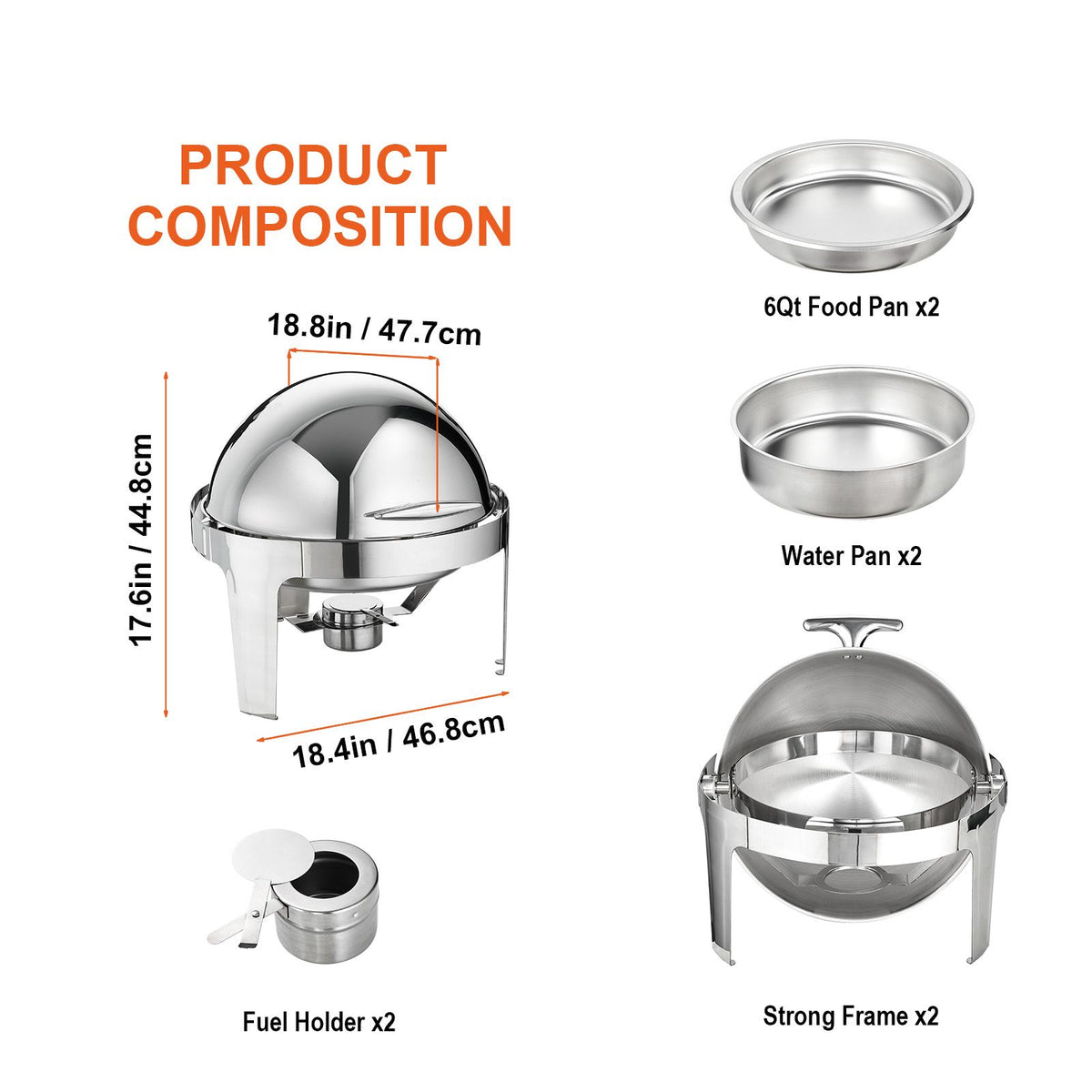 5.5L Roll Top Chafing Dish Buffet Set 2 Pack Stainless Steel Food Warmer